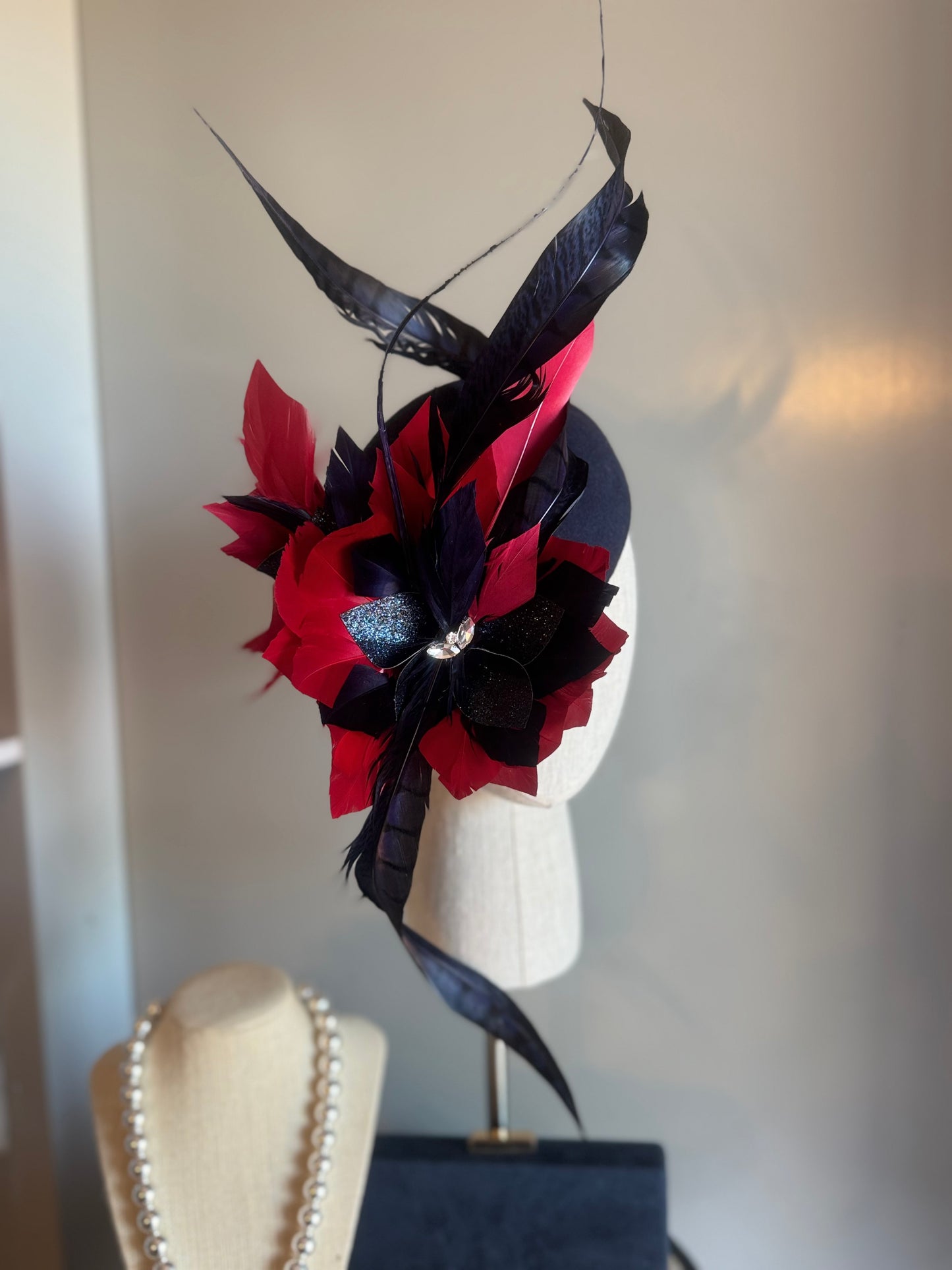 “Farrah” Navy & red statement felt/wool pillbox