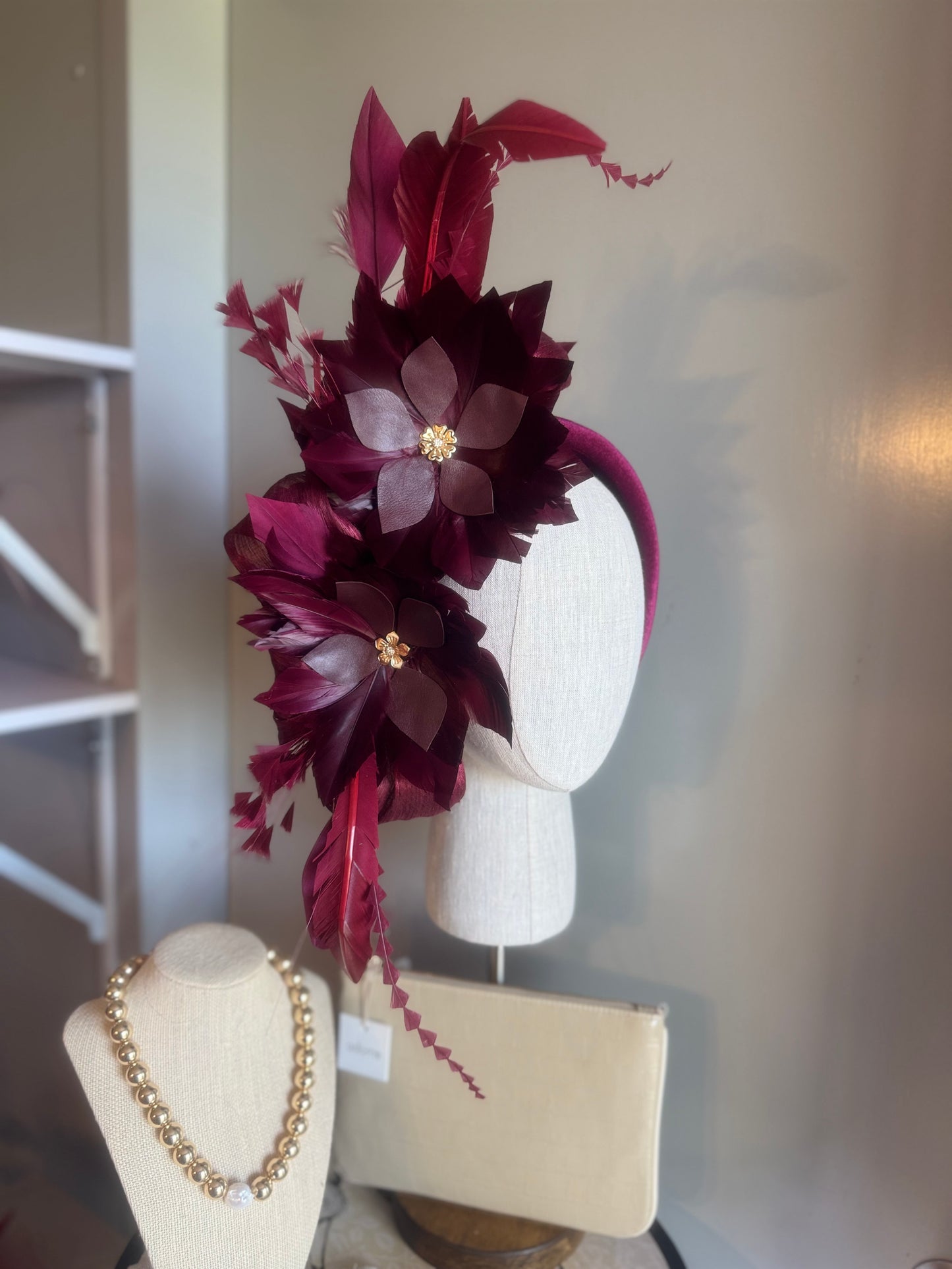 “Jenny” burgundy feather statement
