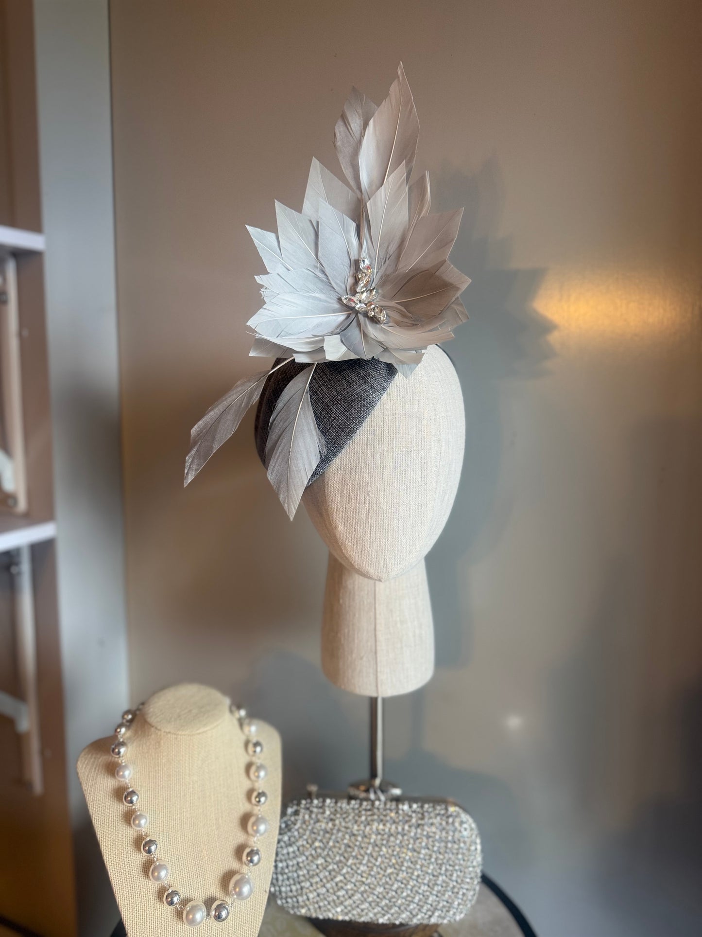 “Sylvie” grey feather linen pillbox