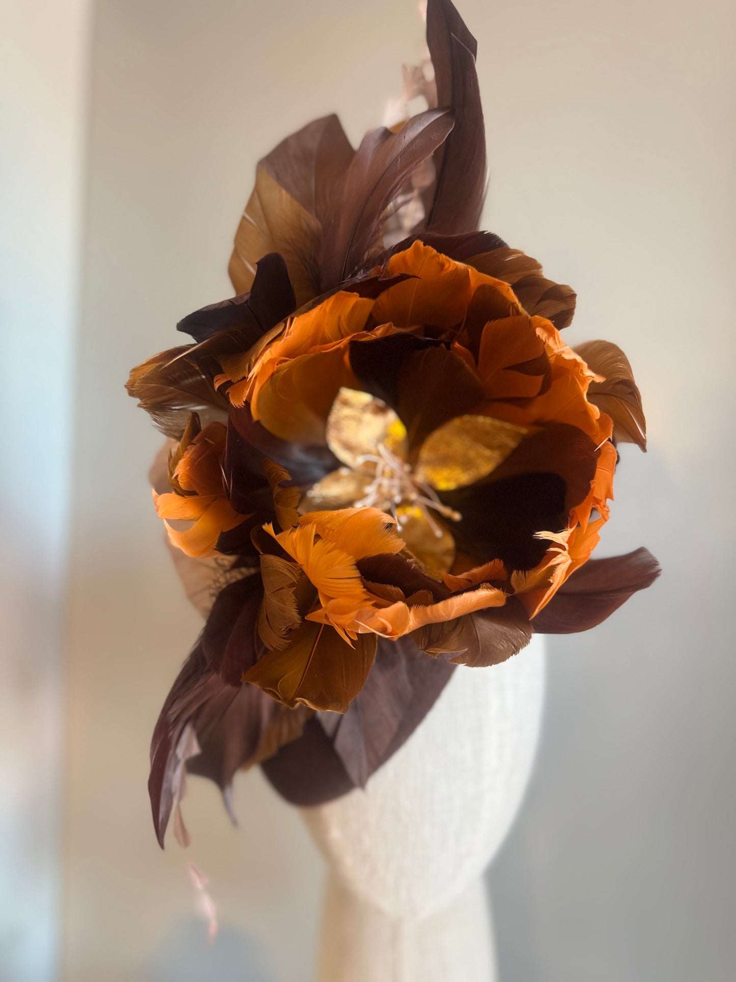 “Jilly” brown & burnt orange feather pillbox