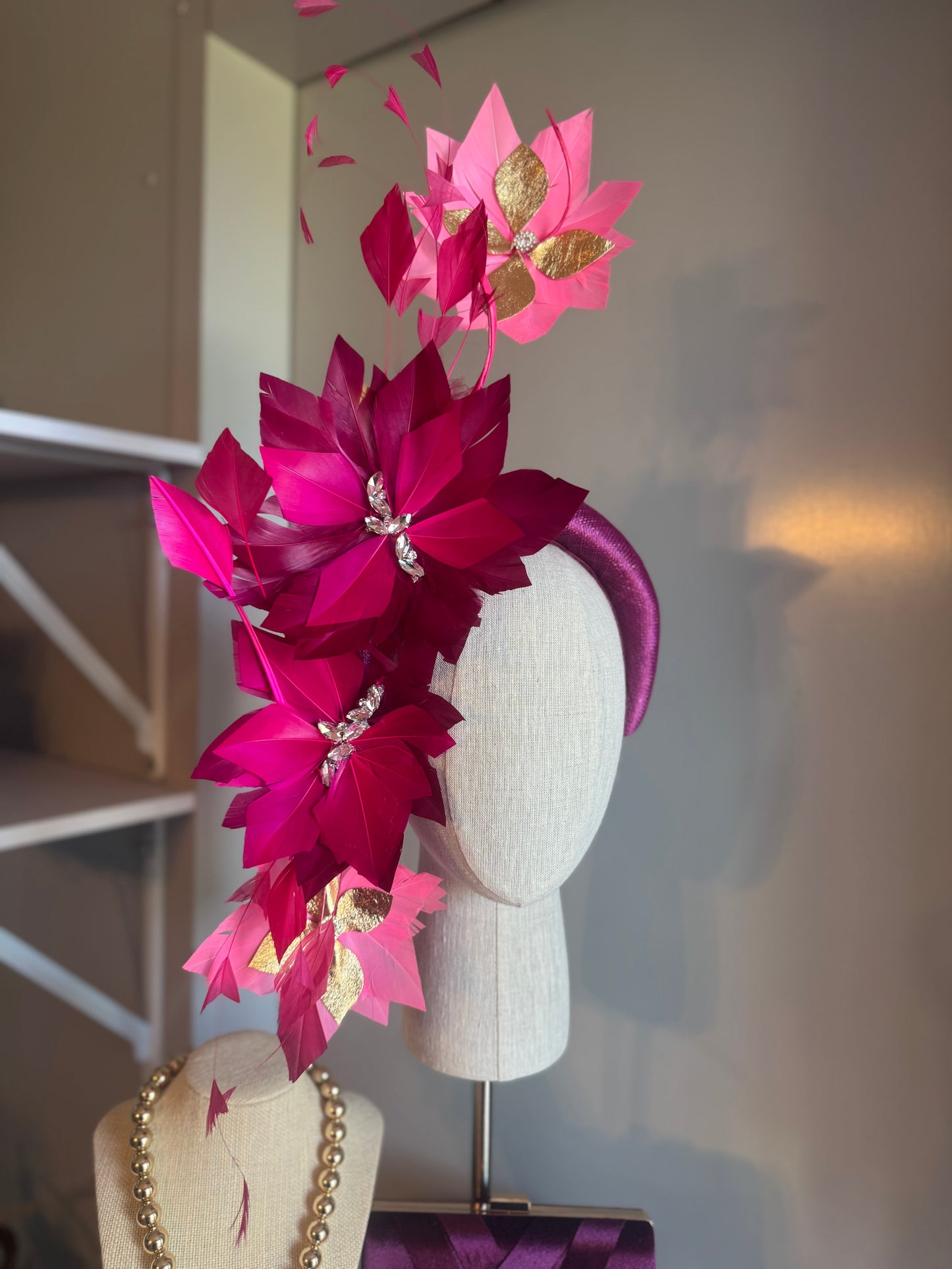“Bridgette” magenta hot pink & gold feather statement