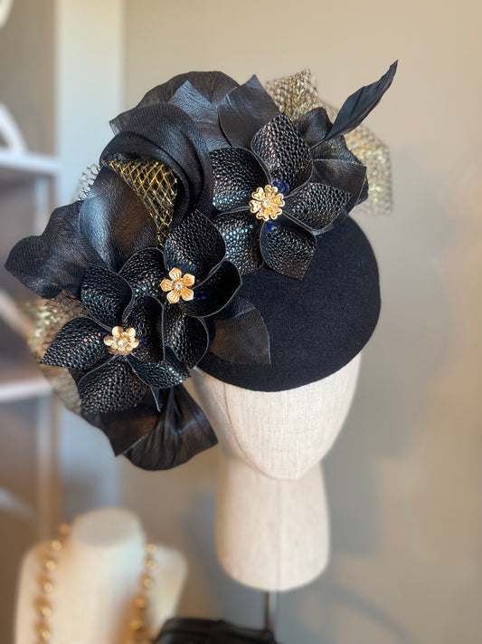 “Xanthe” black & gold pillbox