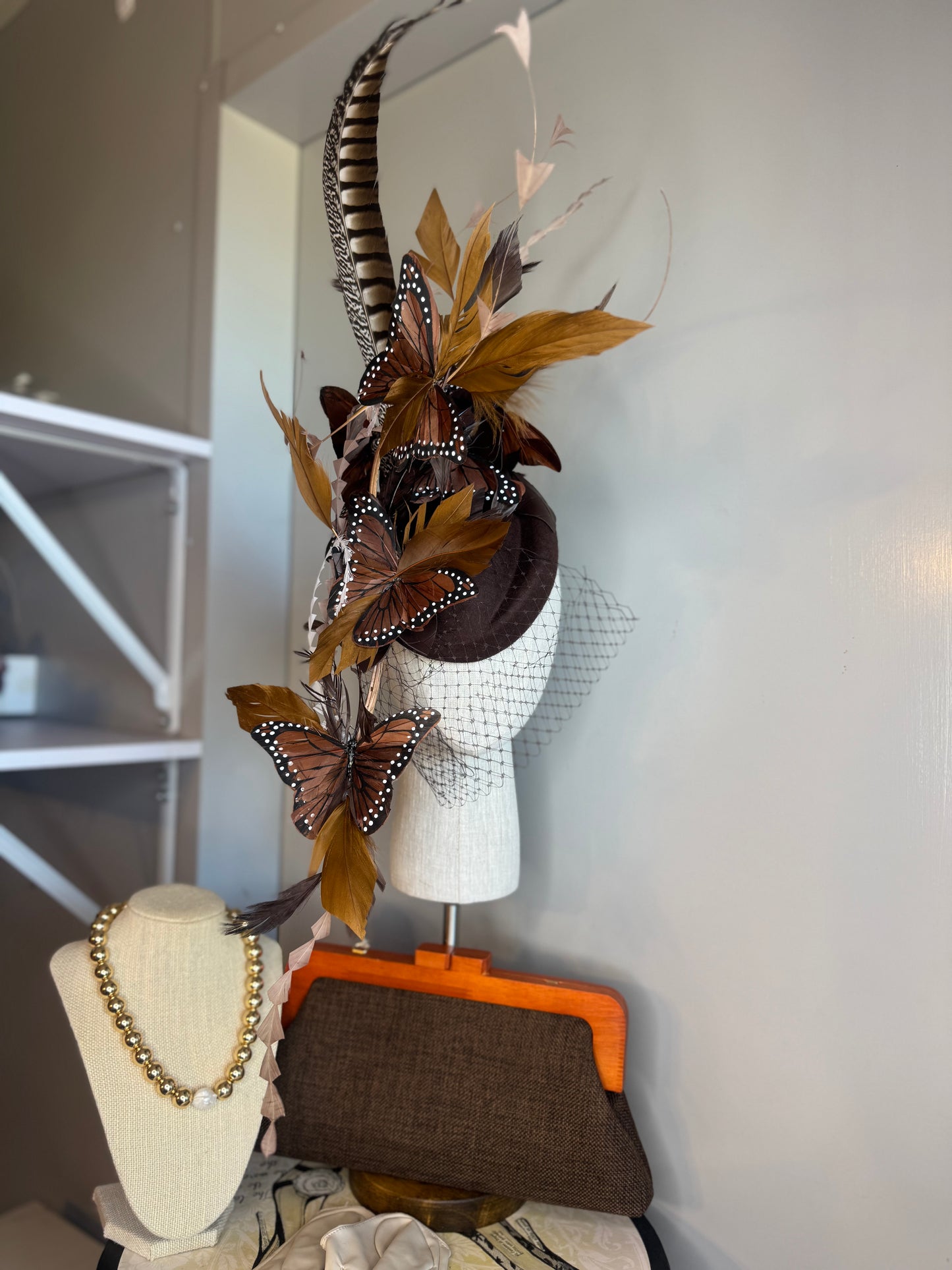 “Iris” Brown feater Butterfly felt/wool statement
