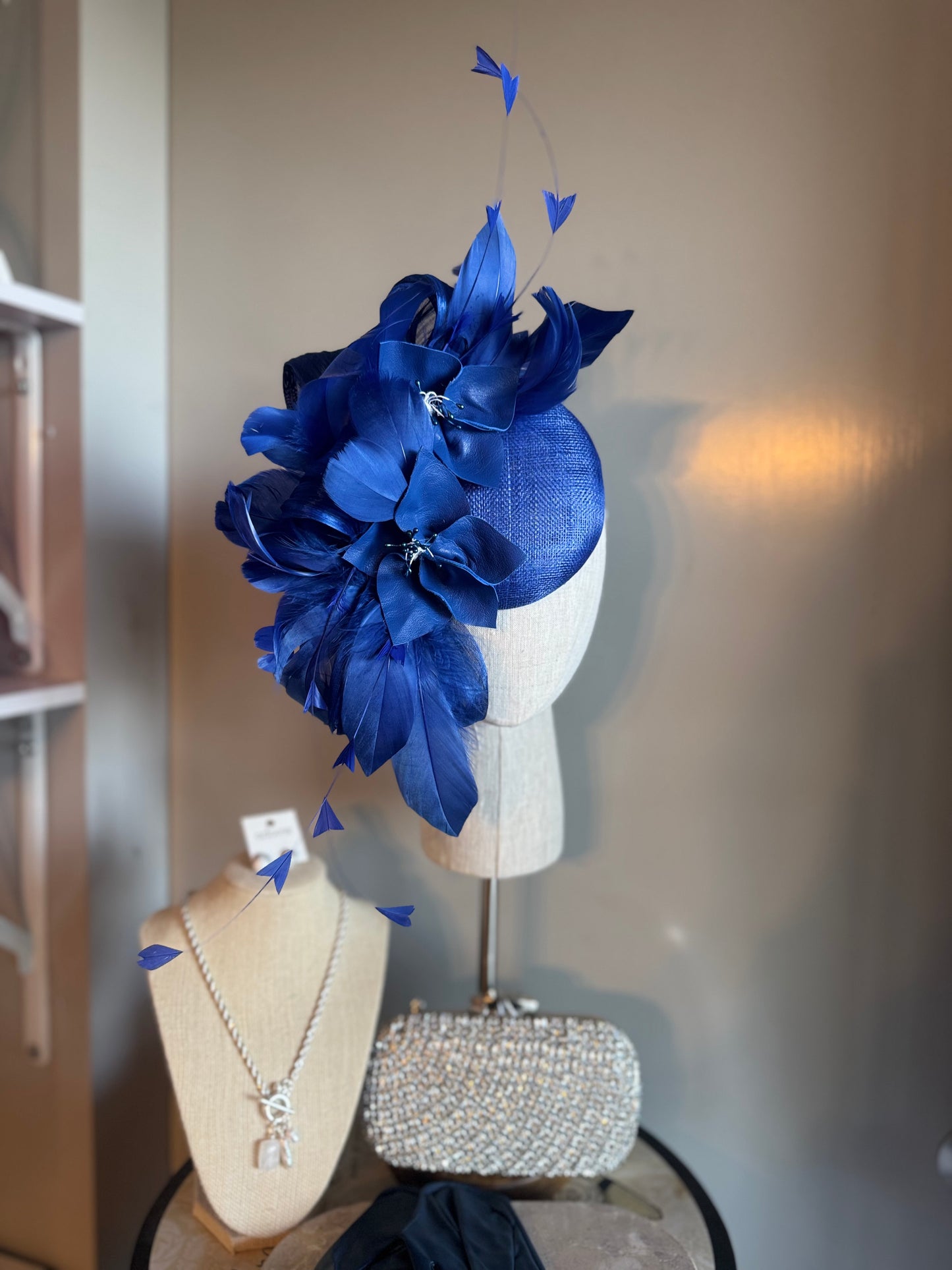 “Felicity” Blue feather & leather floral