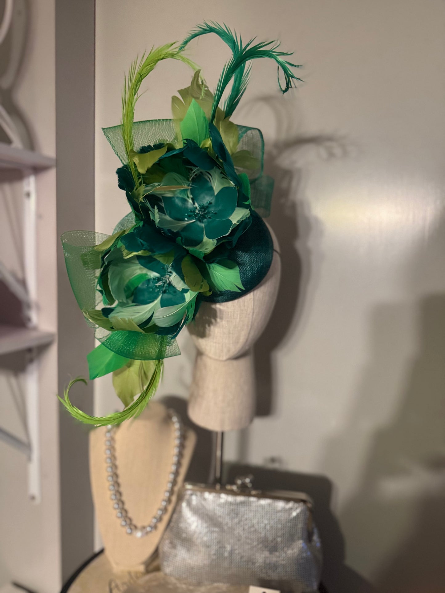 “Simmie” Green feather floral statement