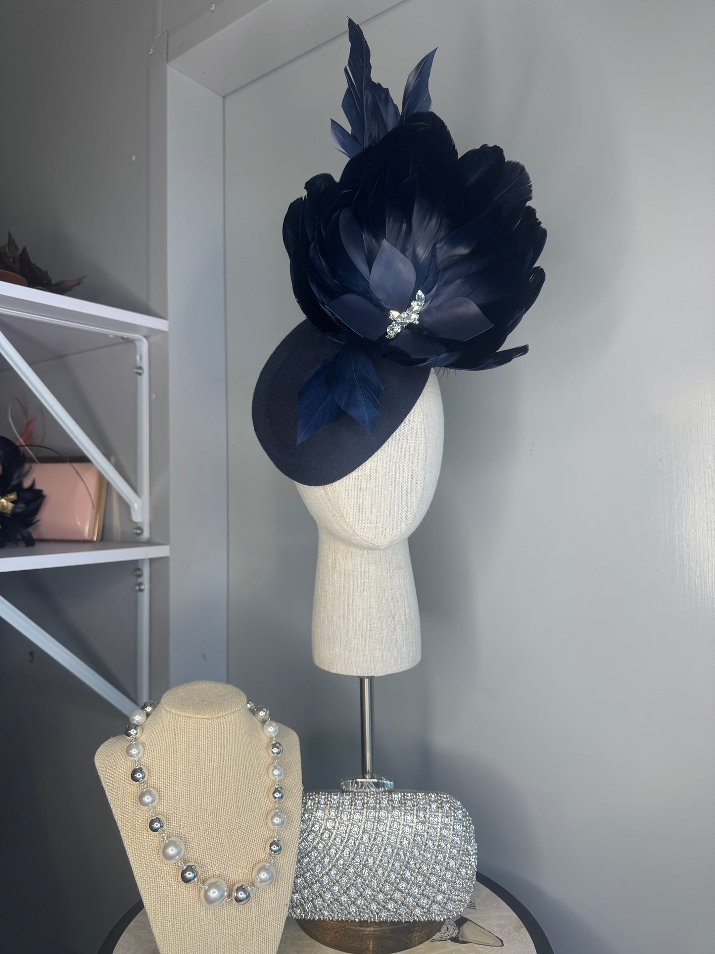 “Courtney” Navy blue feather statement pillbox