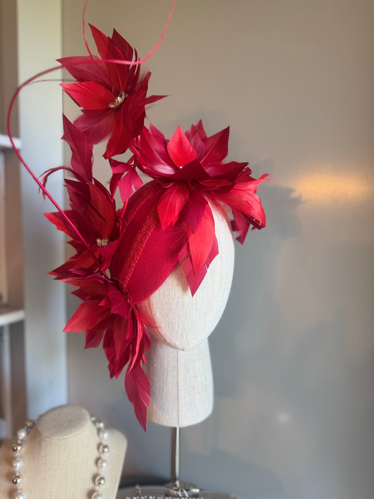 “Odette” Red feather statement felt/wool pillbox