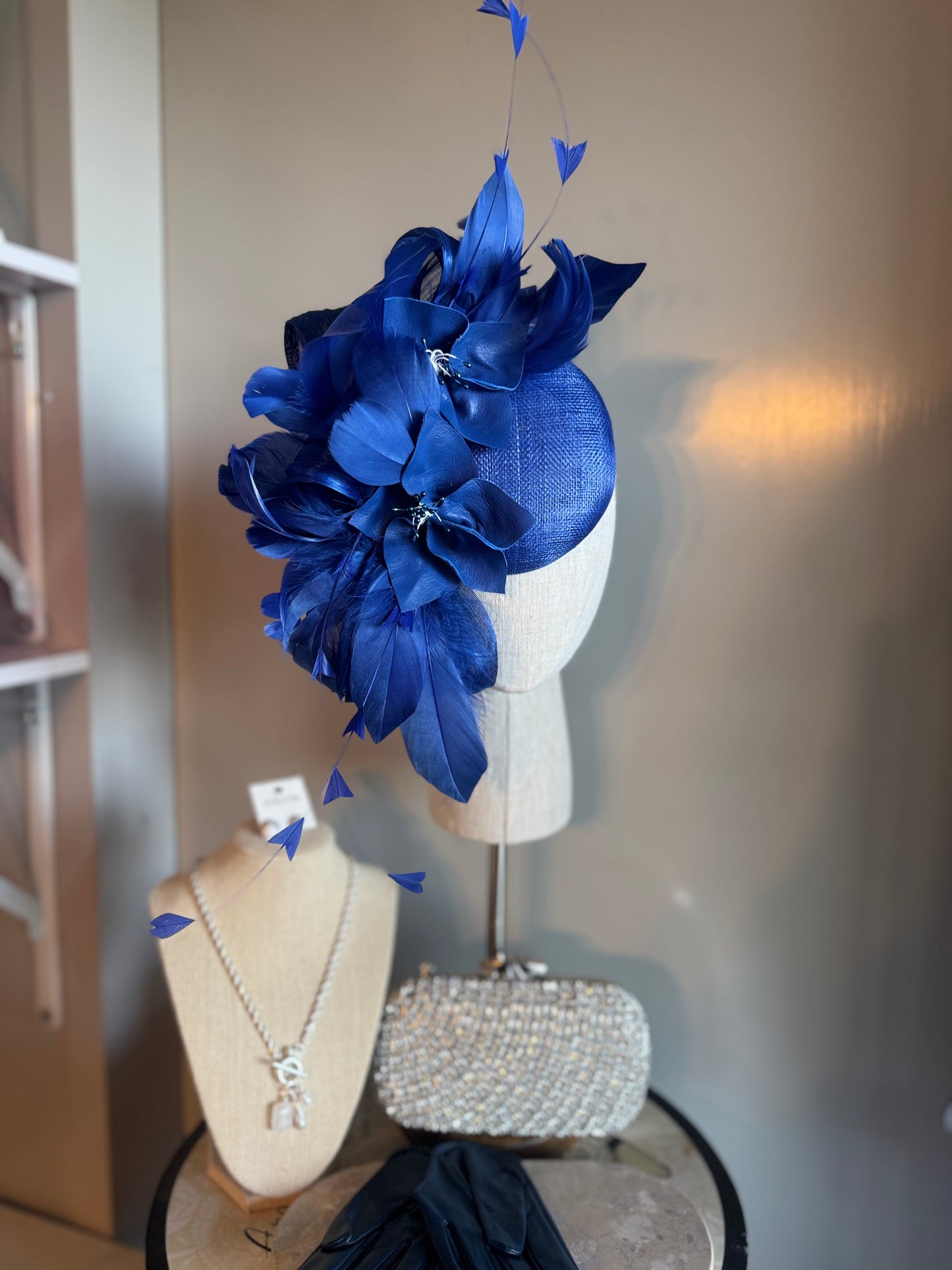 “Felicity” Blue feather & leather floral