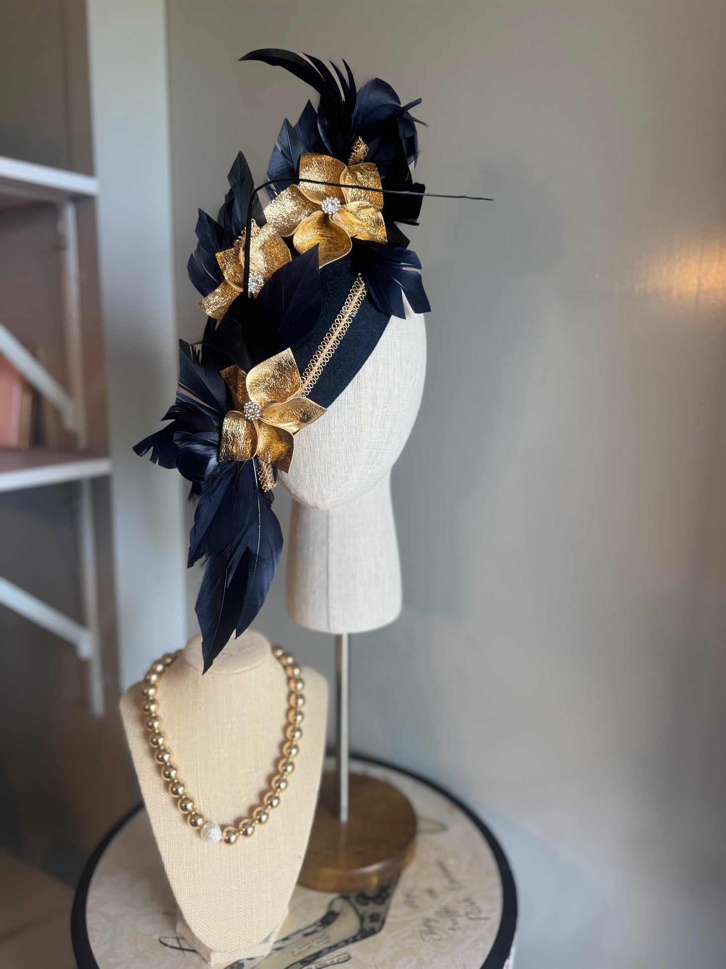 “Rita” Navy and Gold leather felt/wool pillbox