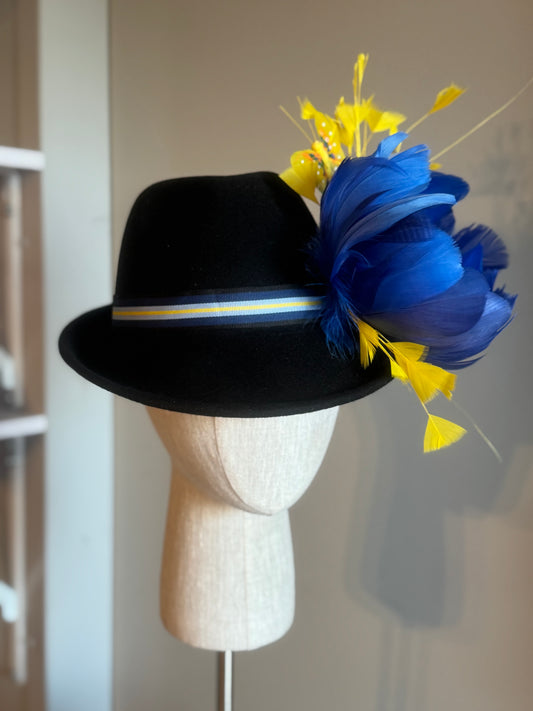 “”Callista” black felt bowler with navy and canary embellishments size57-58cm