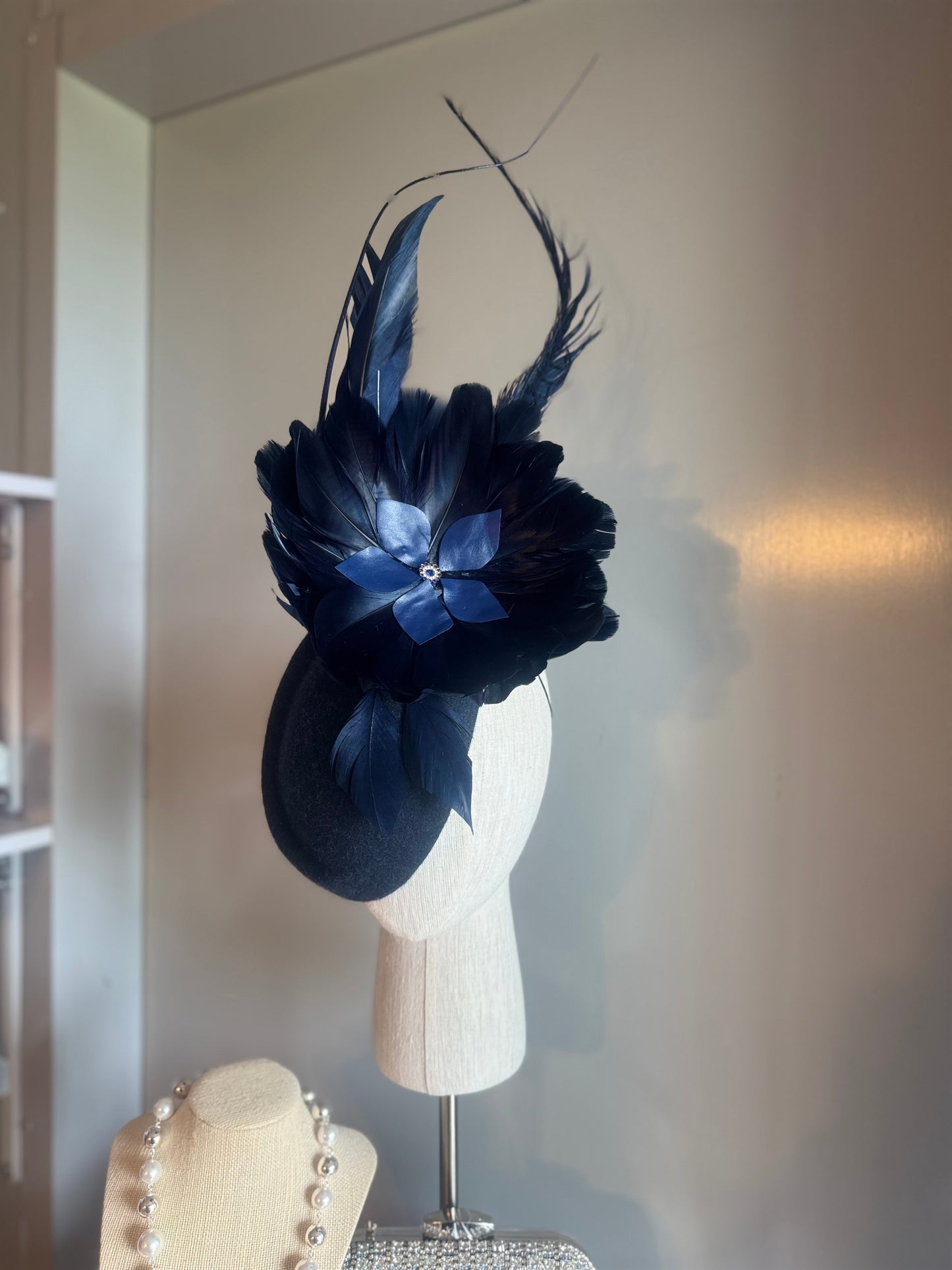 “Morgan” Navy feather statement pillbox