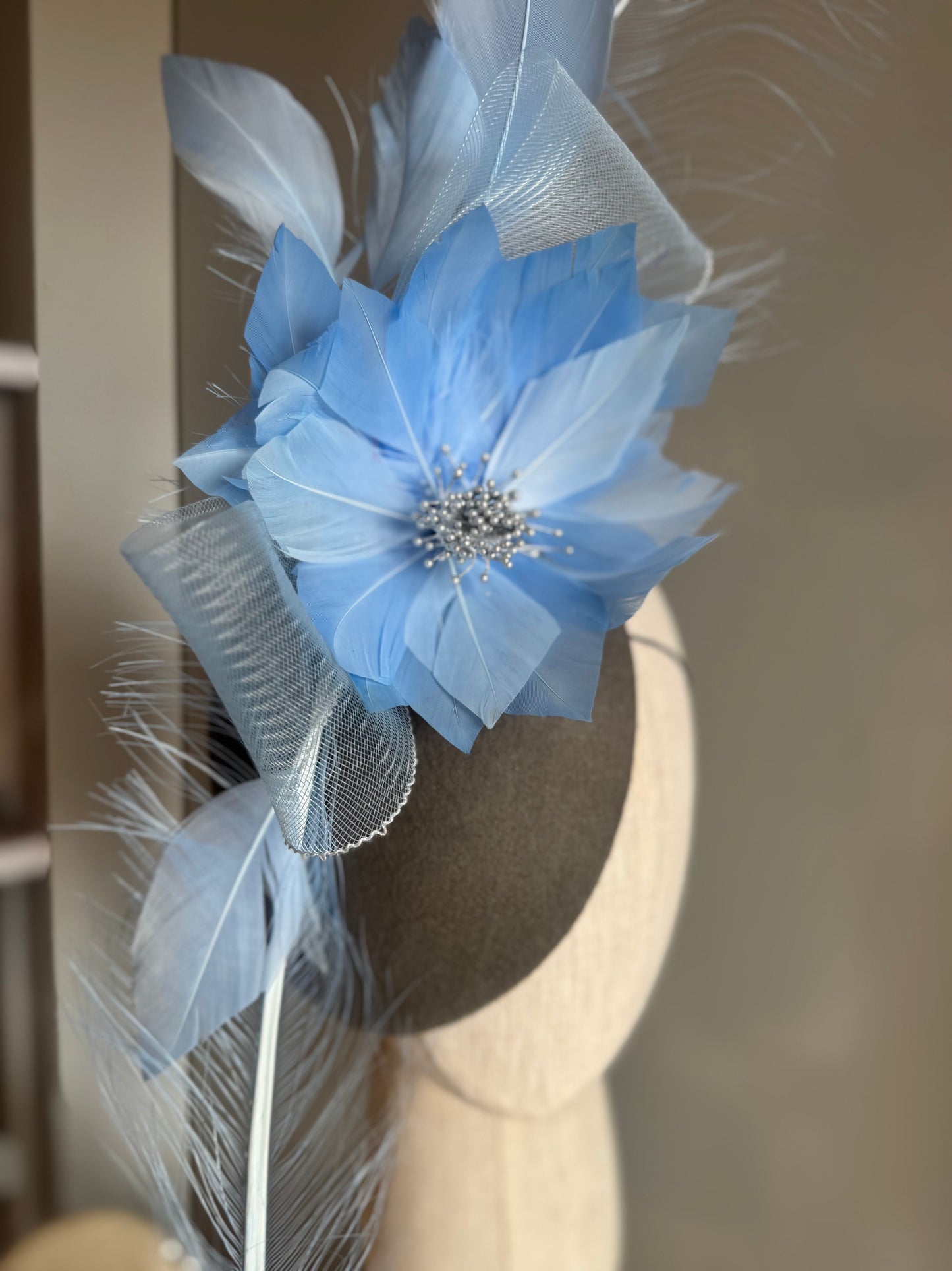 “Peta” blue & slate statement felt/wool pillbbox