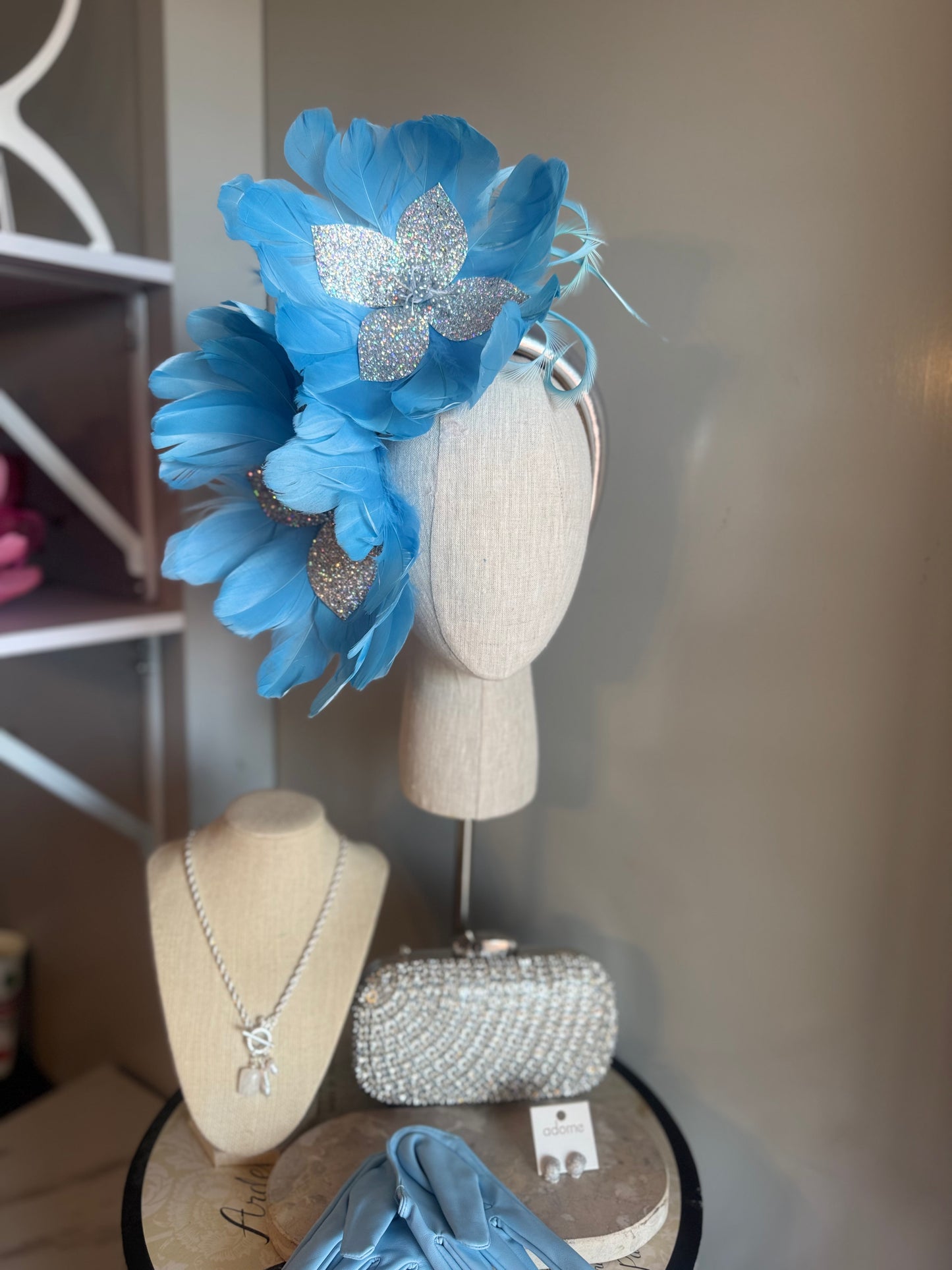 “Jeanada” baby blue & silver feather statement