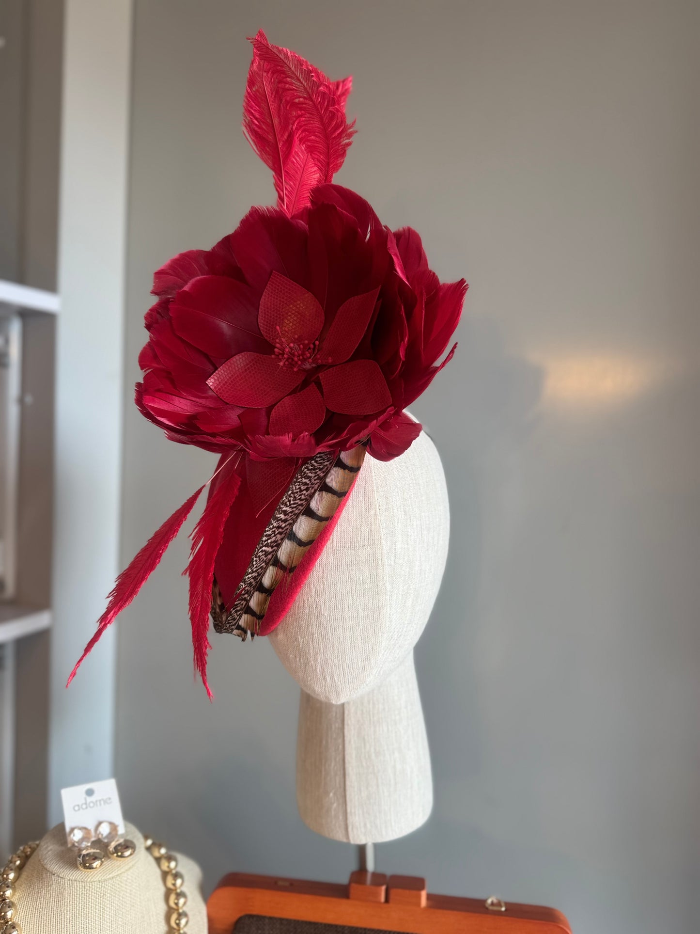 “Dixie” Red feather felt/wool pillbox