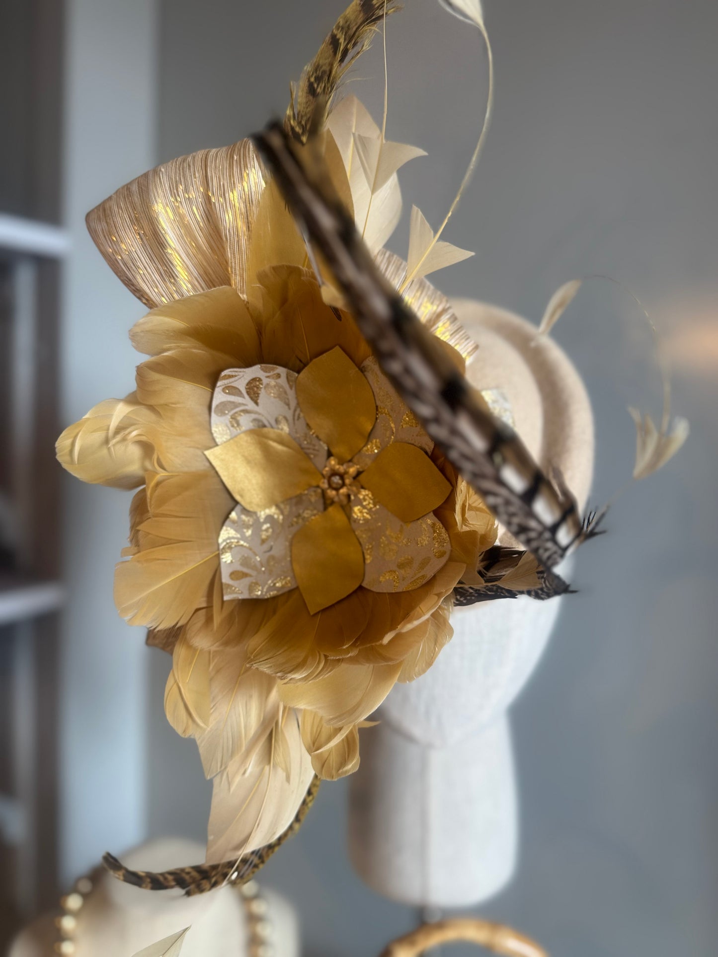 “Lettie” Gold & cream felt/wool pillbox