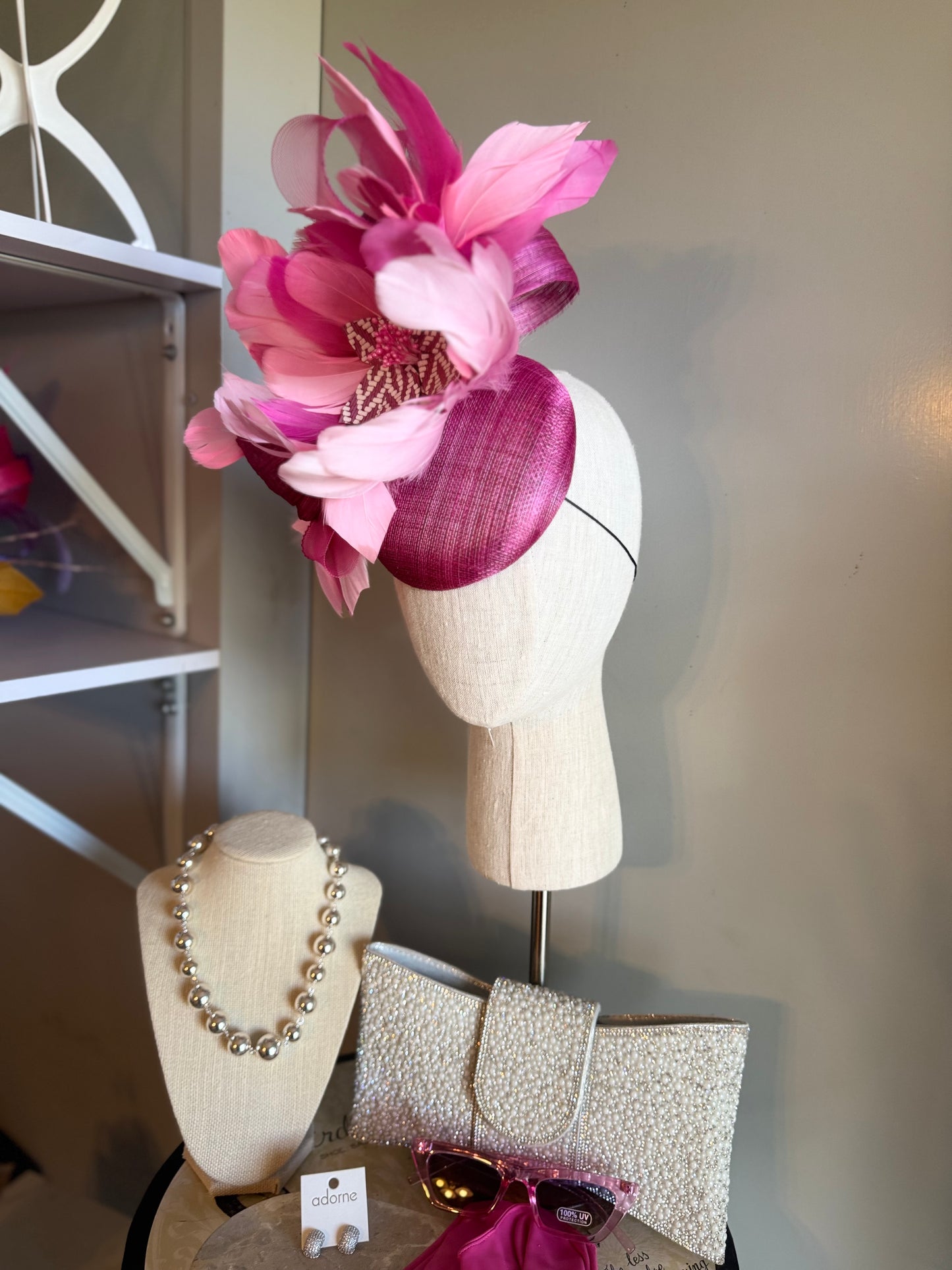 “Dimity” pink feather floral statement fascinator