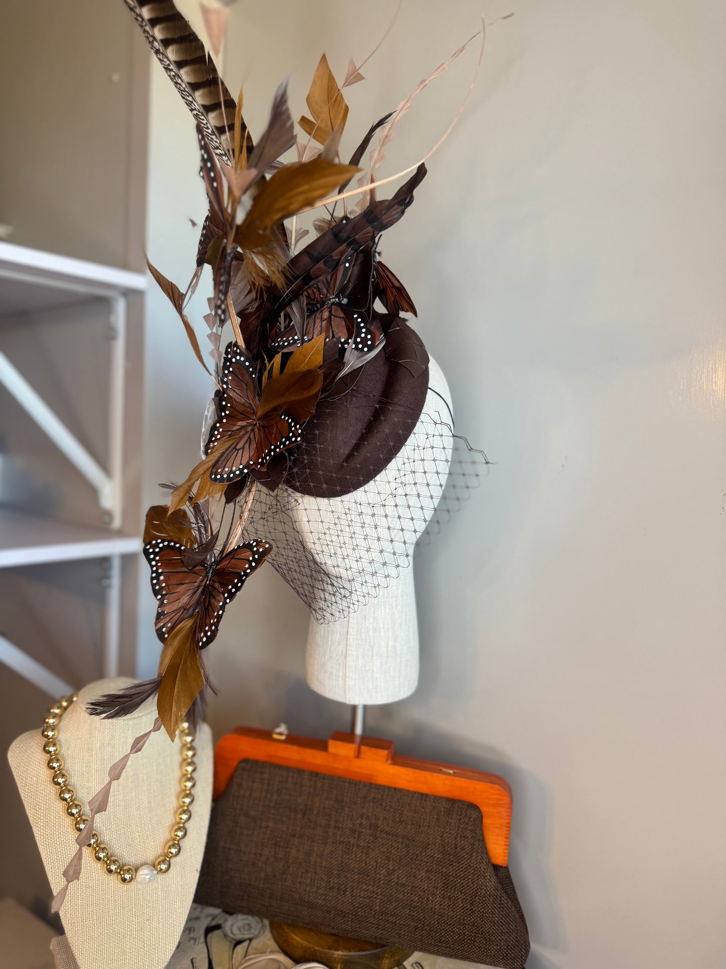 “Iris” Brown feater Butterfly felt/wool statement