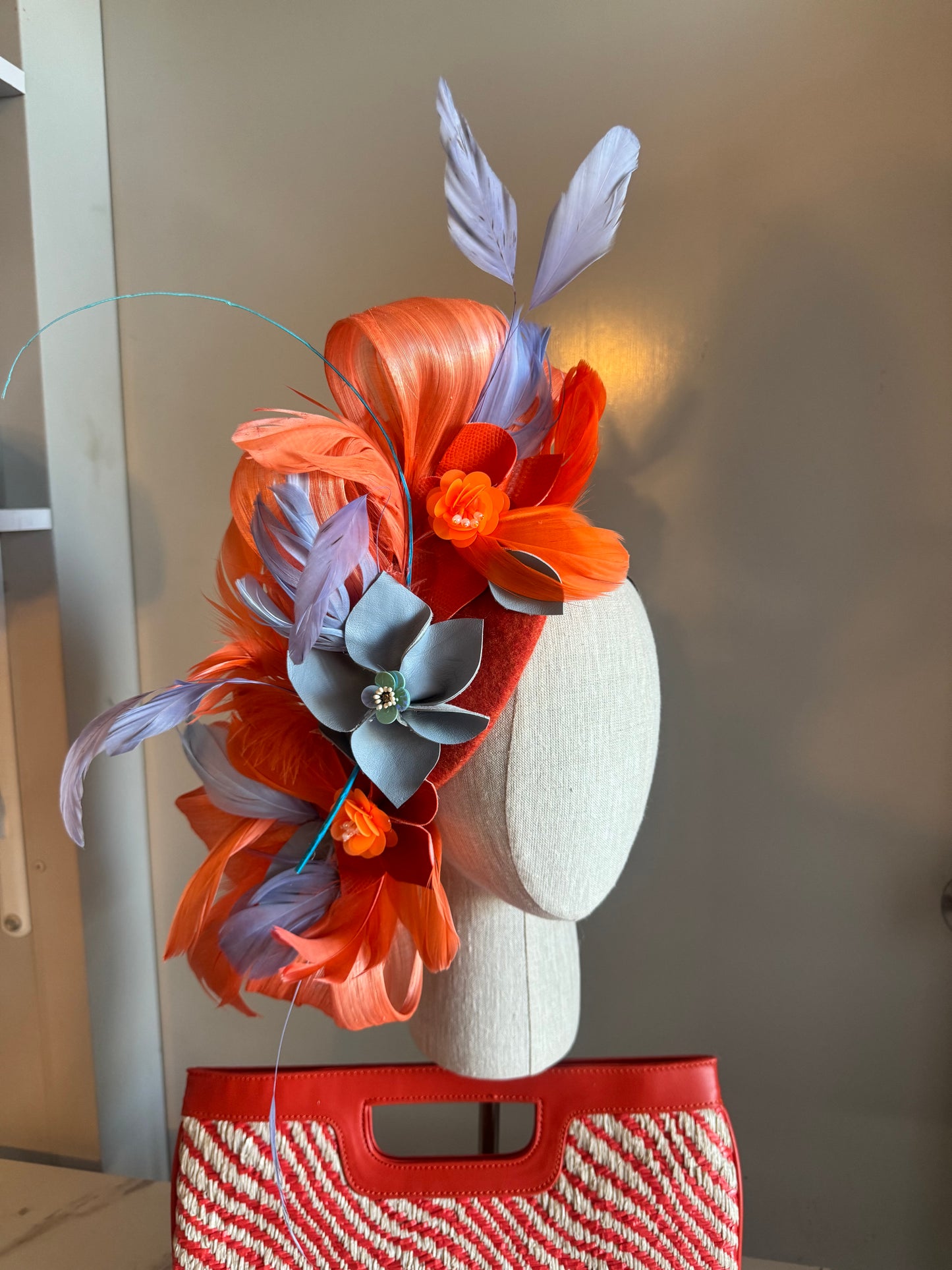 “Tinka” blue &orange pleather wool/felt pillbox