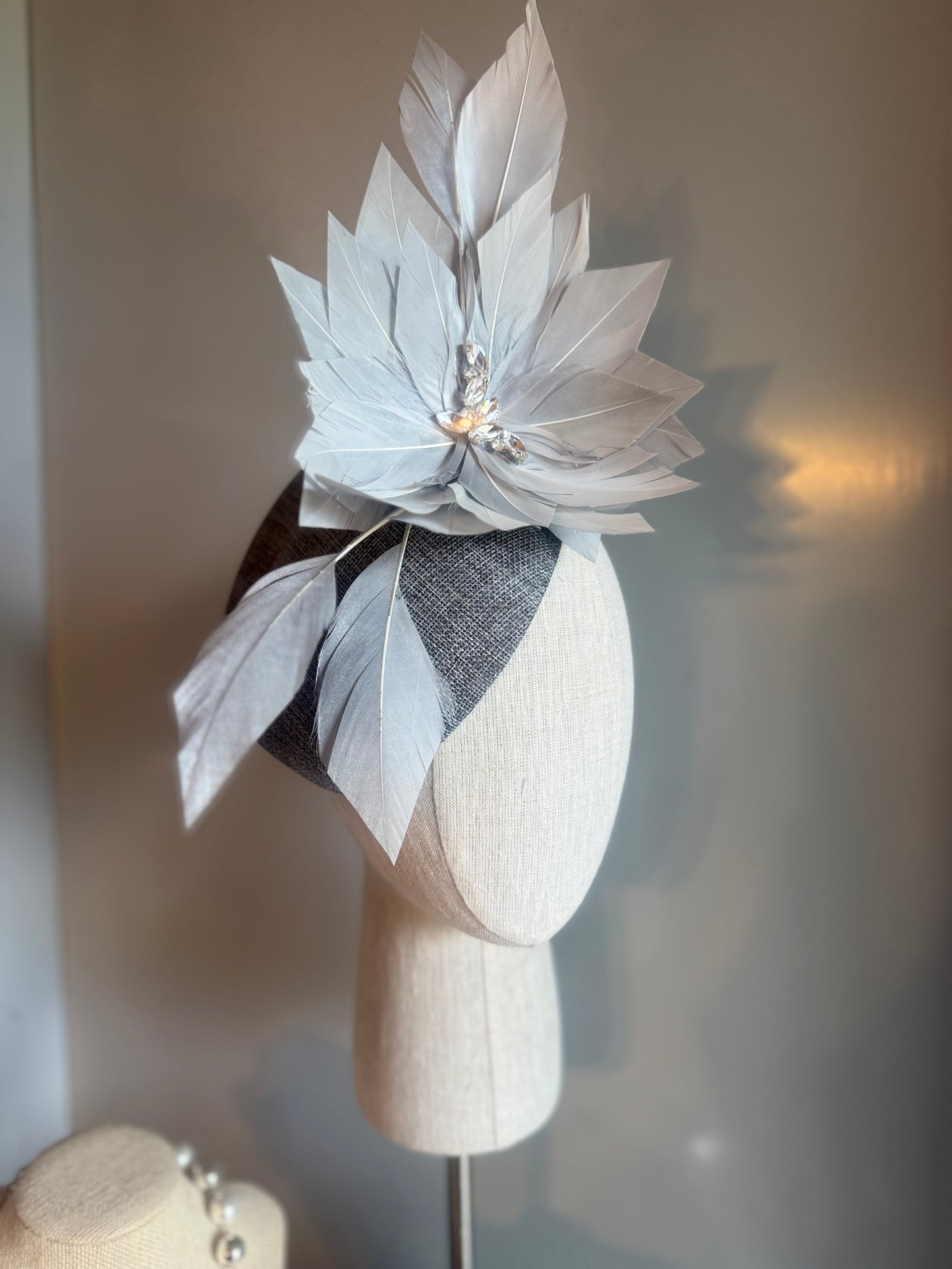 “Sylvie” grey feather linen pillbox