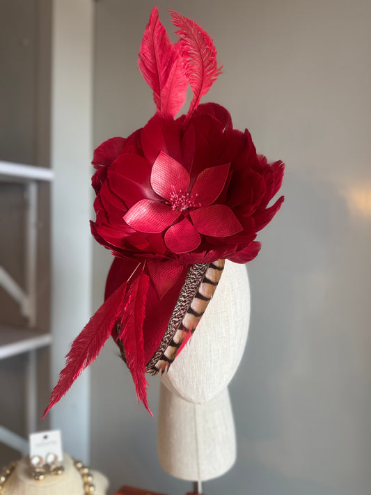 “Dixie” Red feather felt/wool pillbox