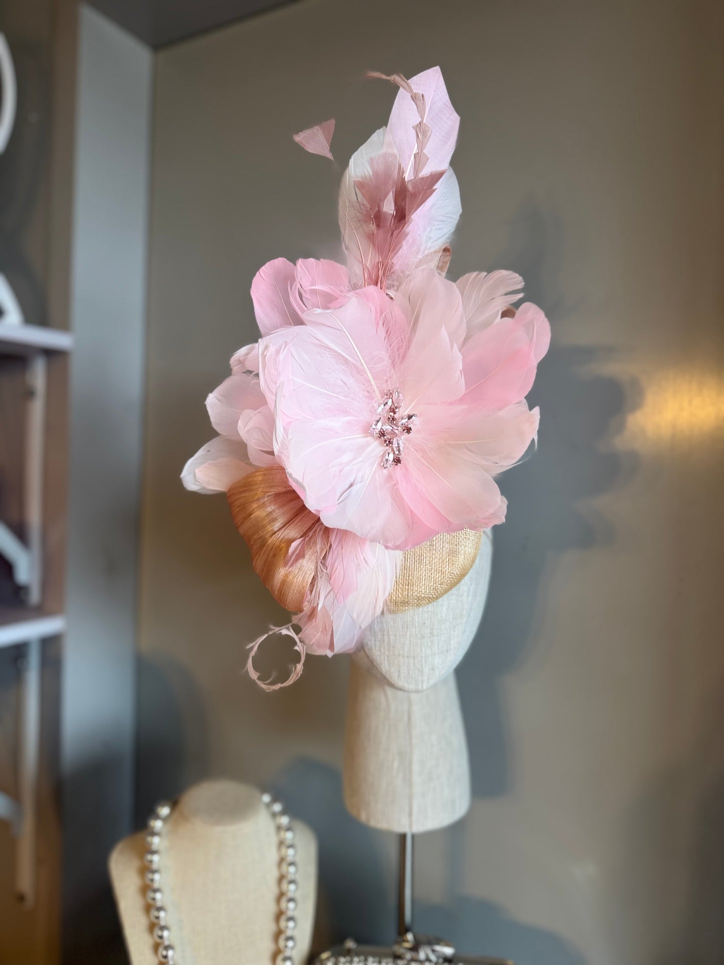 “Aubrey” soft pinks & cream feather floral statement