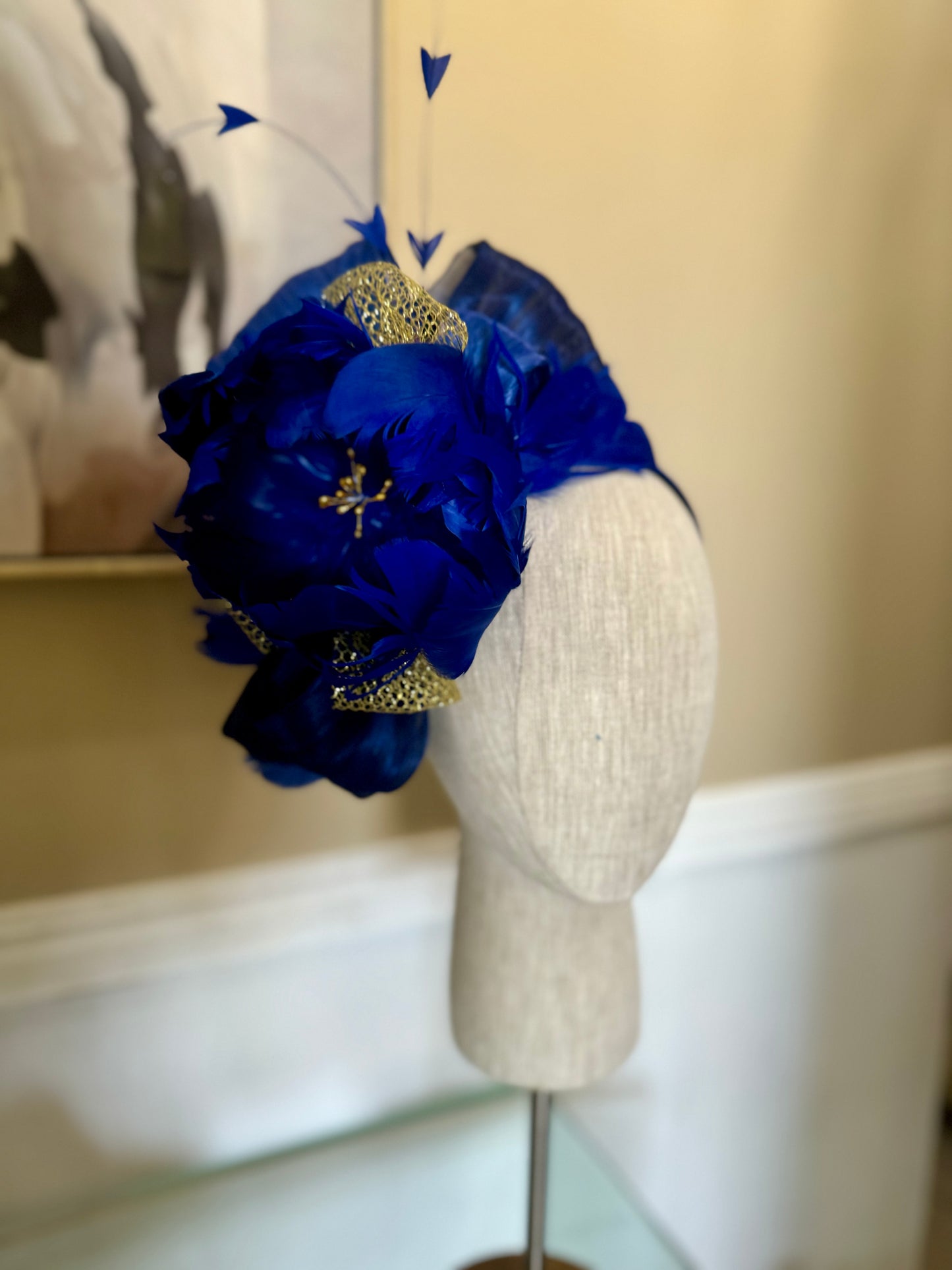 “Roslyn” cobalt & gold feather floral