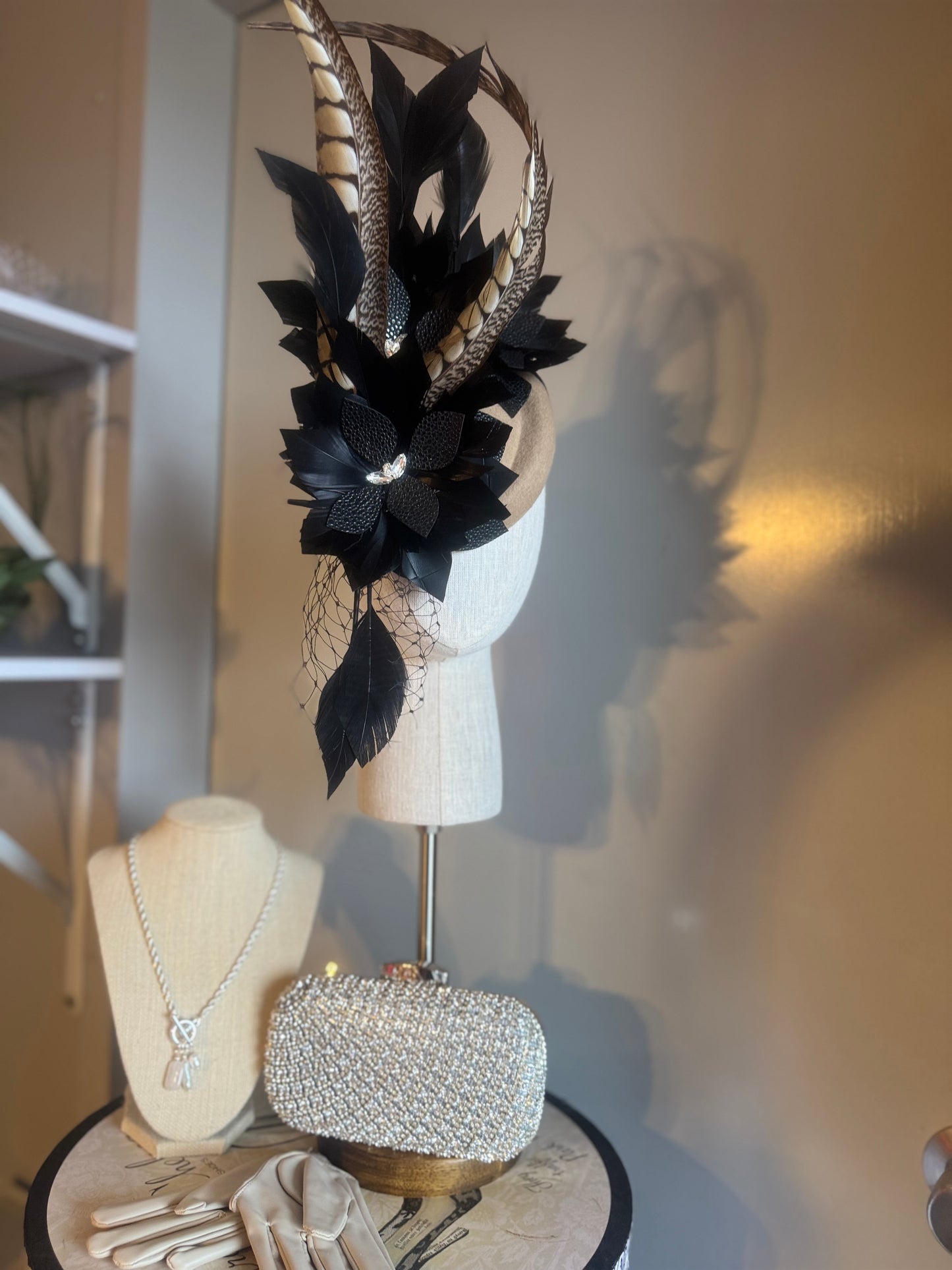 “Dimity” black latte feather pleather statement pillbox