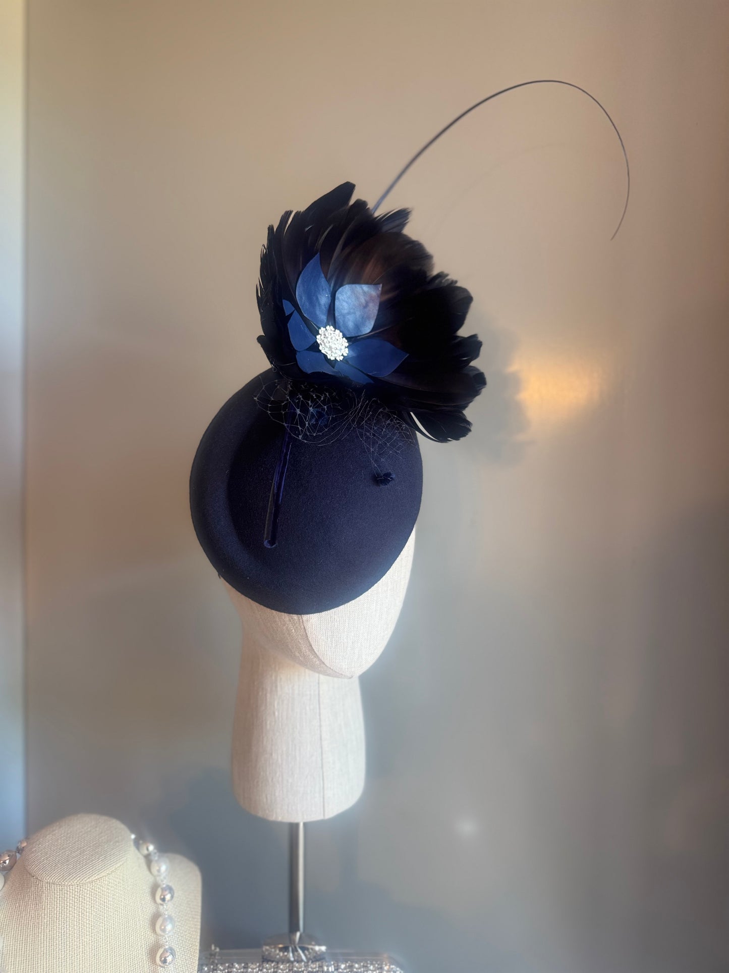 “Claudia” Navy feather pillbox