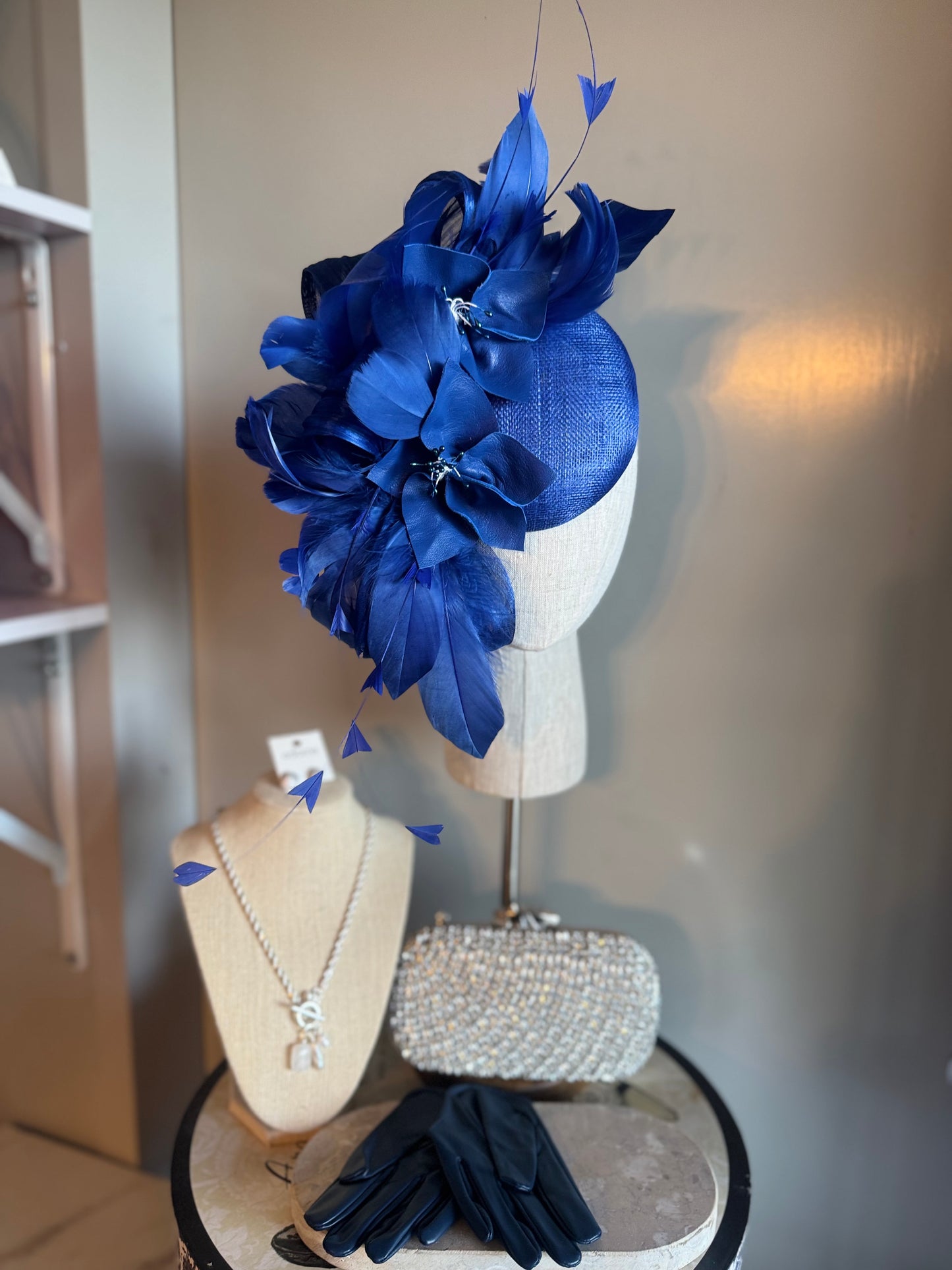 “Felicity” Blue feather & leather floral