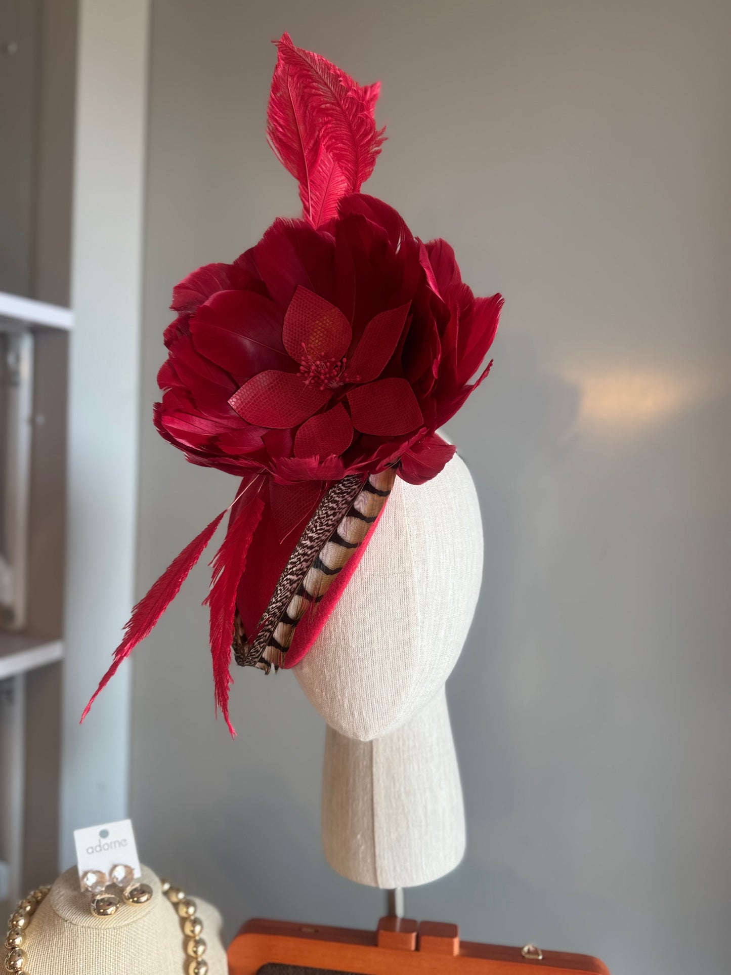 “Dixie” Red feather felt/wool pillbox