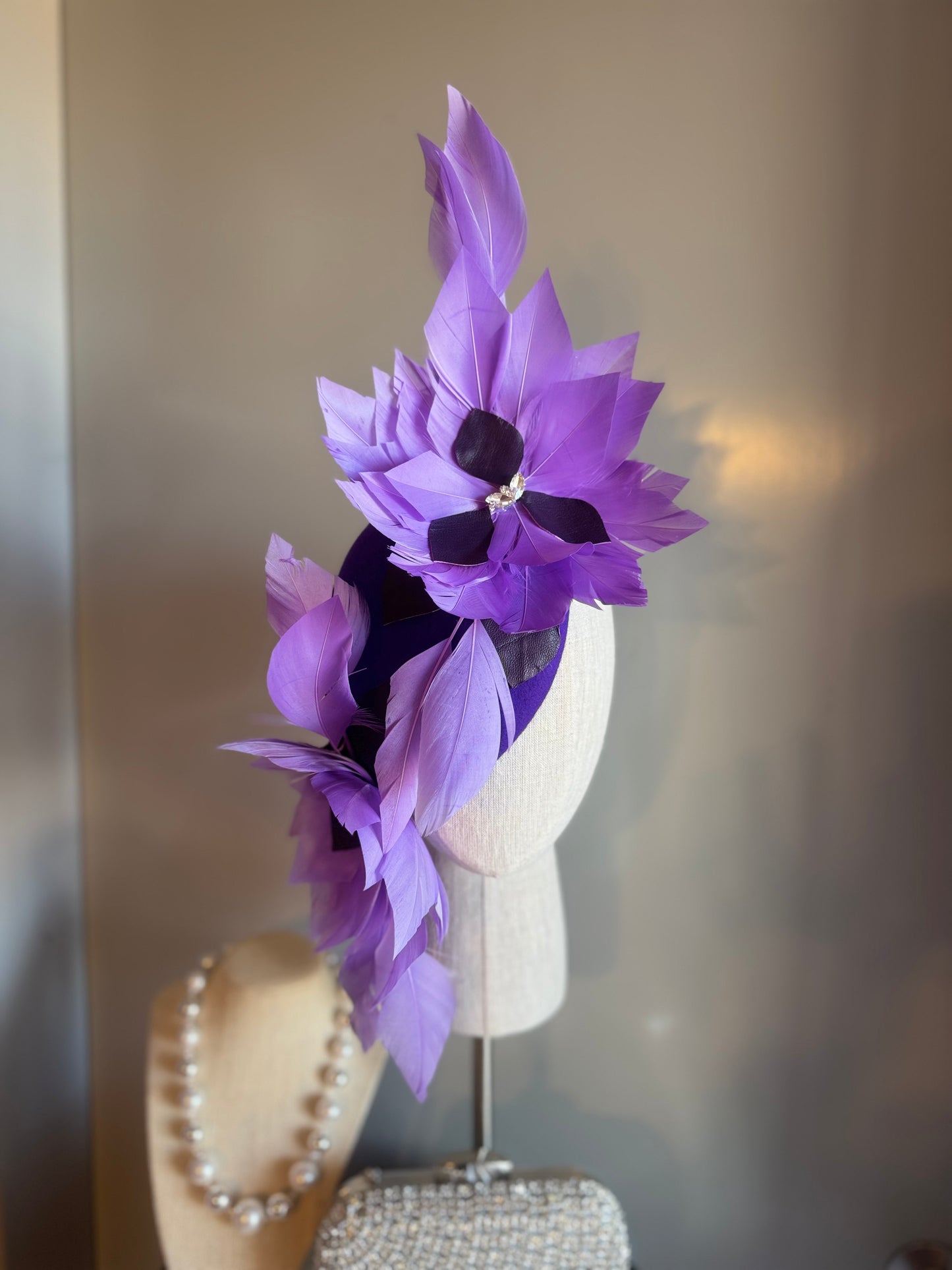 “Eleni” purple feather, leather & felt/wool statement
