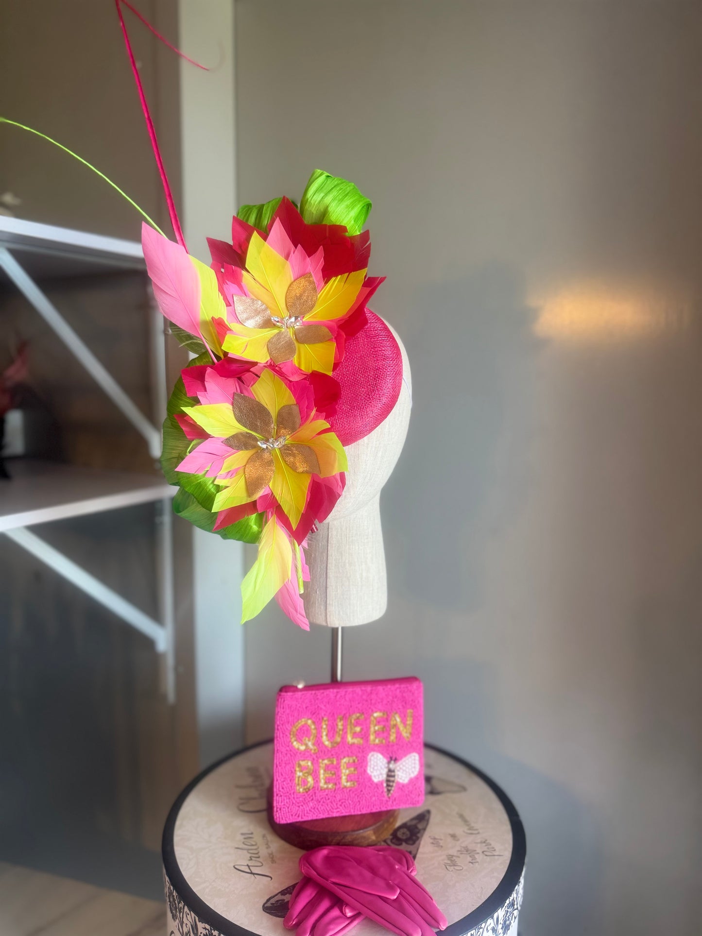 “Morgan” hot pink,neon lime green feather statement