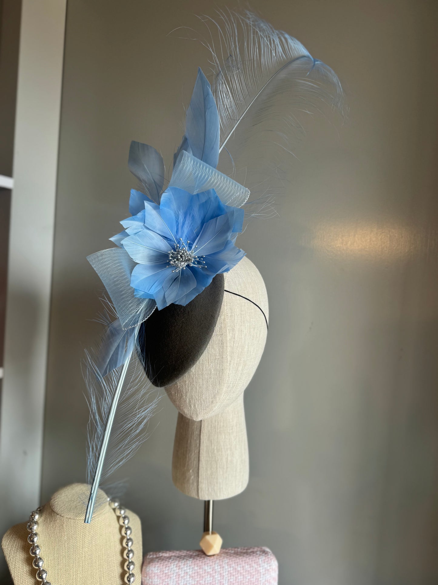 “Peta” blue & slate statement felt/wool pillbbox