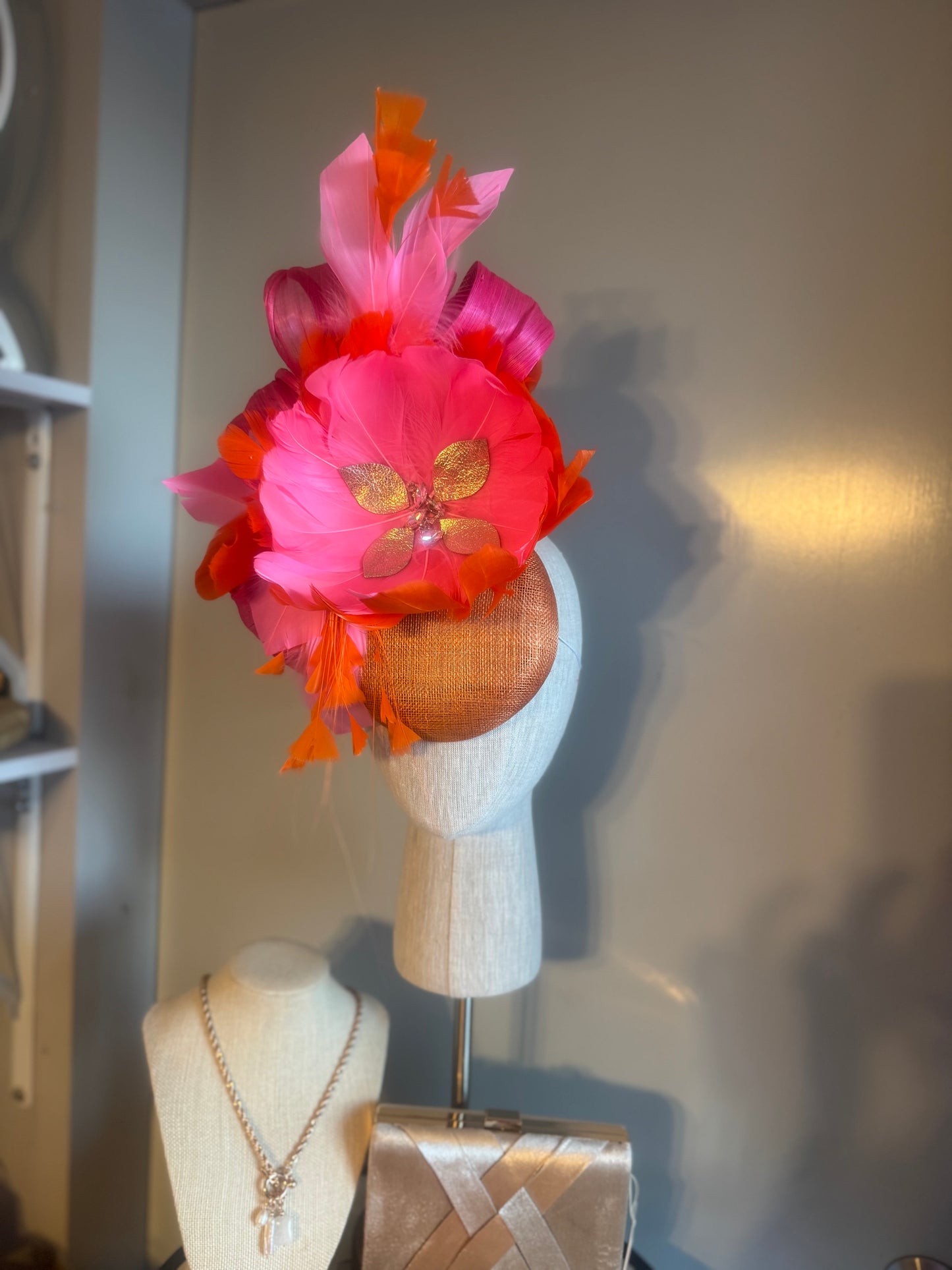 “Eleni” orange, pink & rose gold feather statement