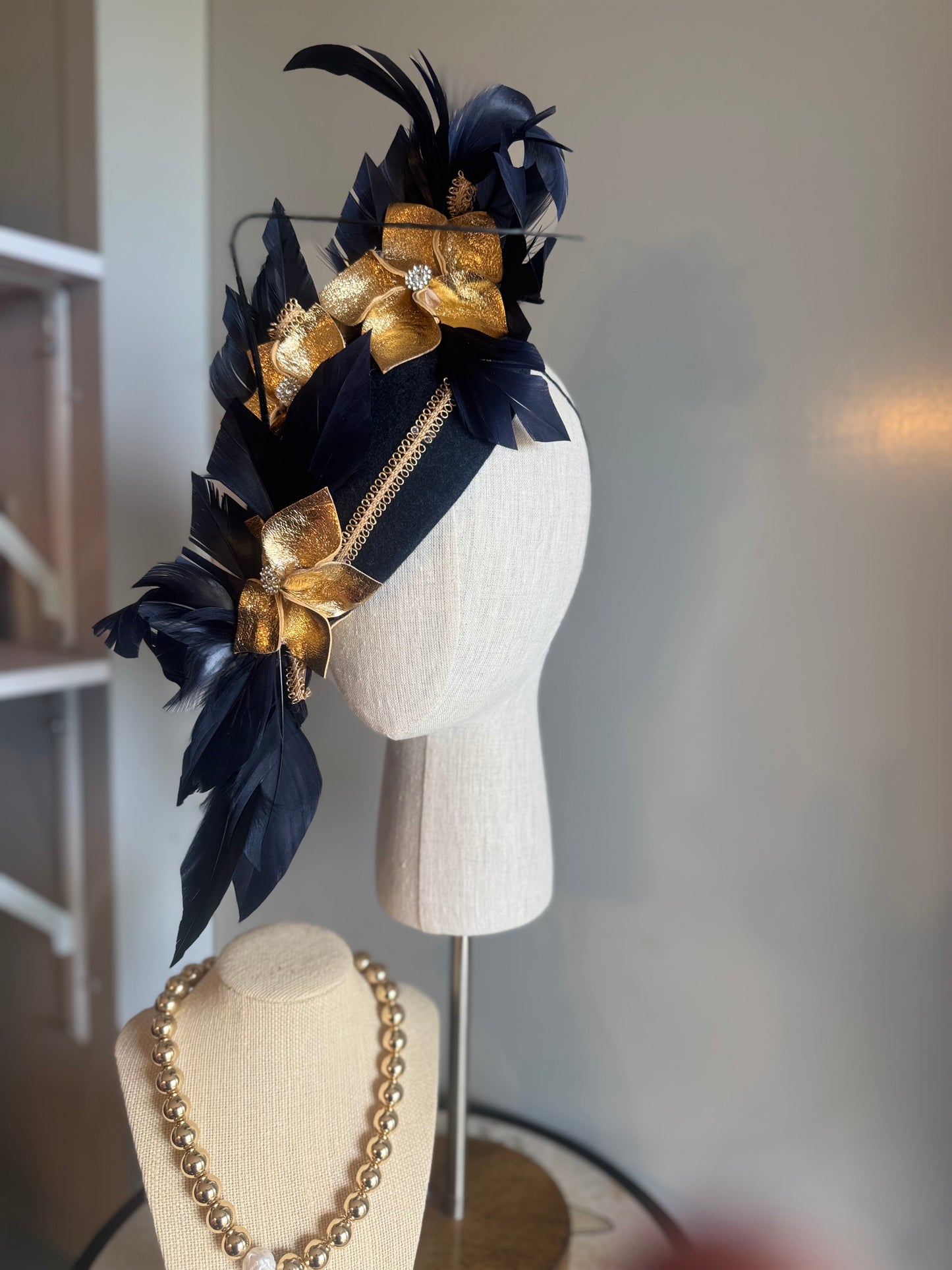 “Rita” Navy and Gold leather felt/wool pillbox