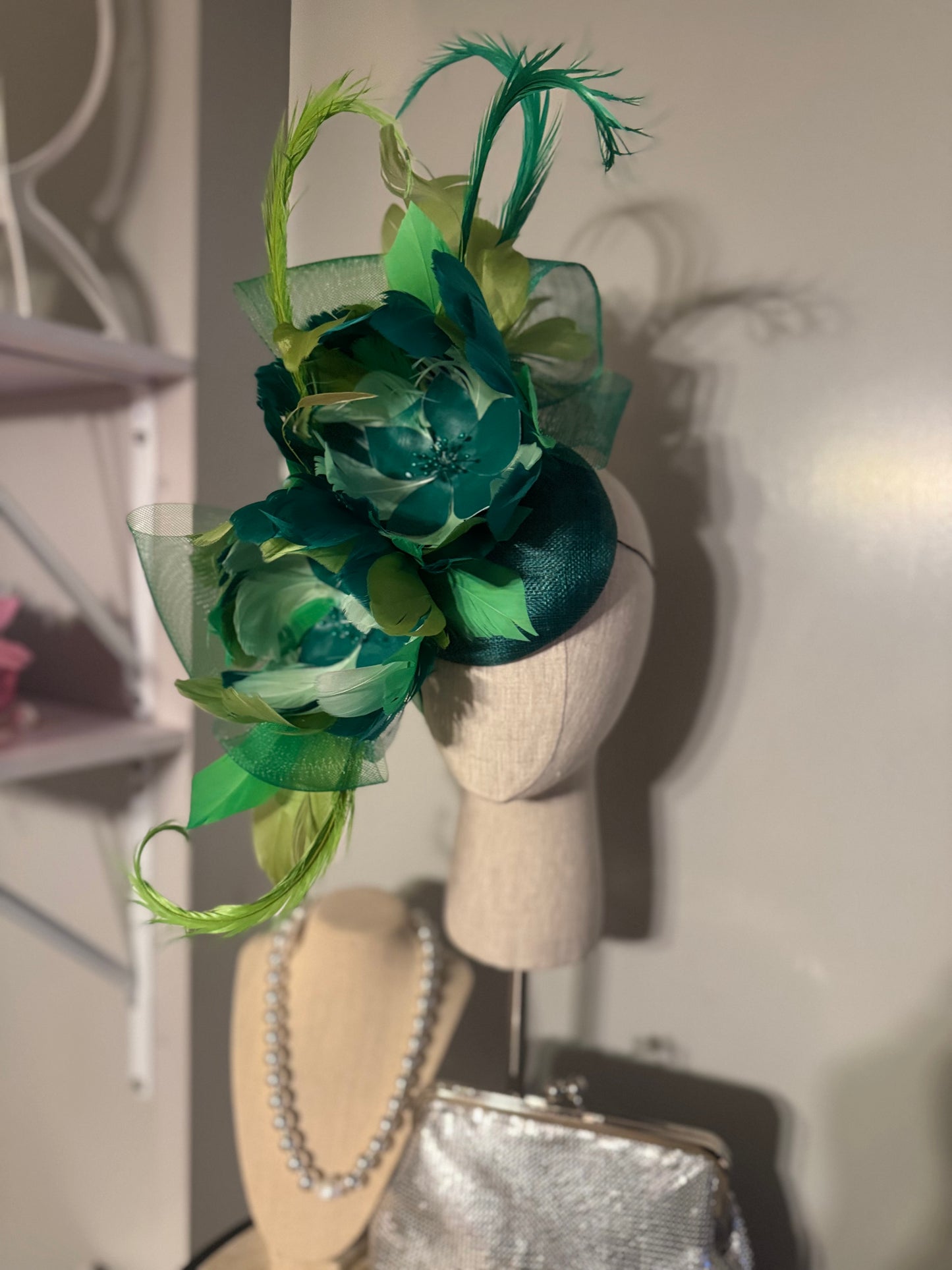 “Simmie” Green feather floral statement