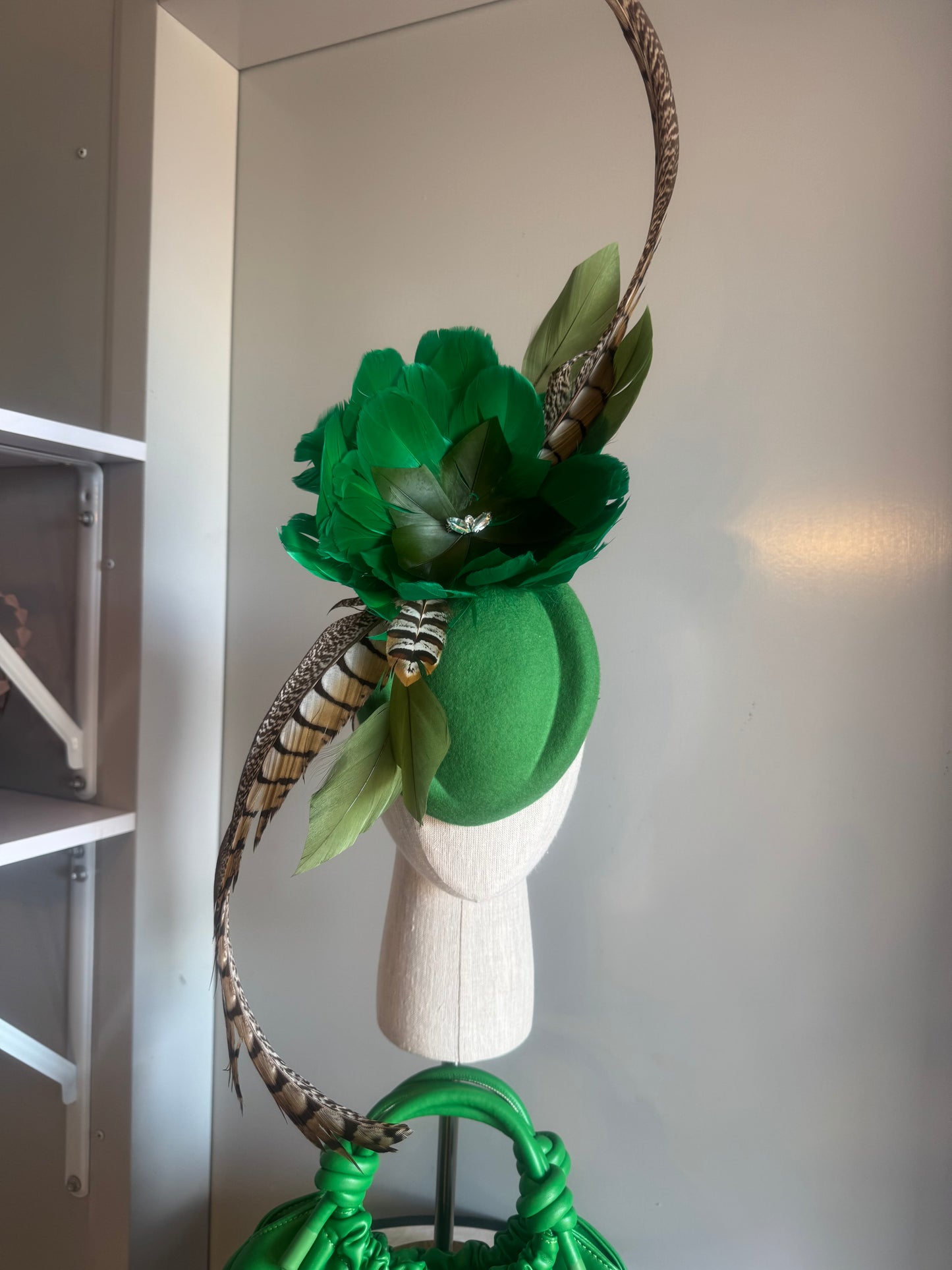 “Carla” Green feather statement felt/wool pillbox