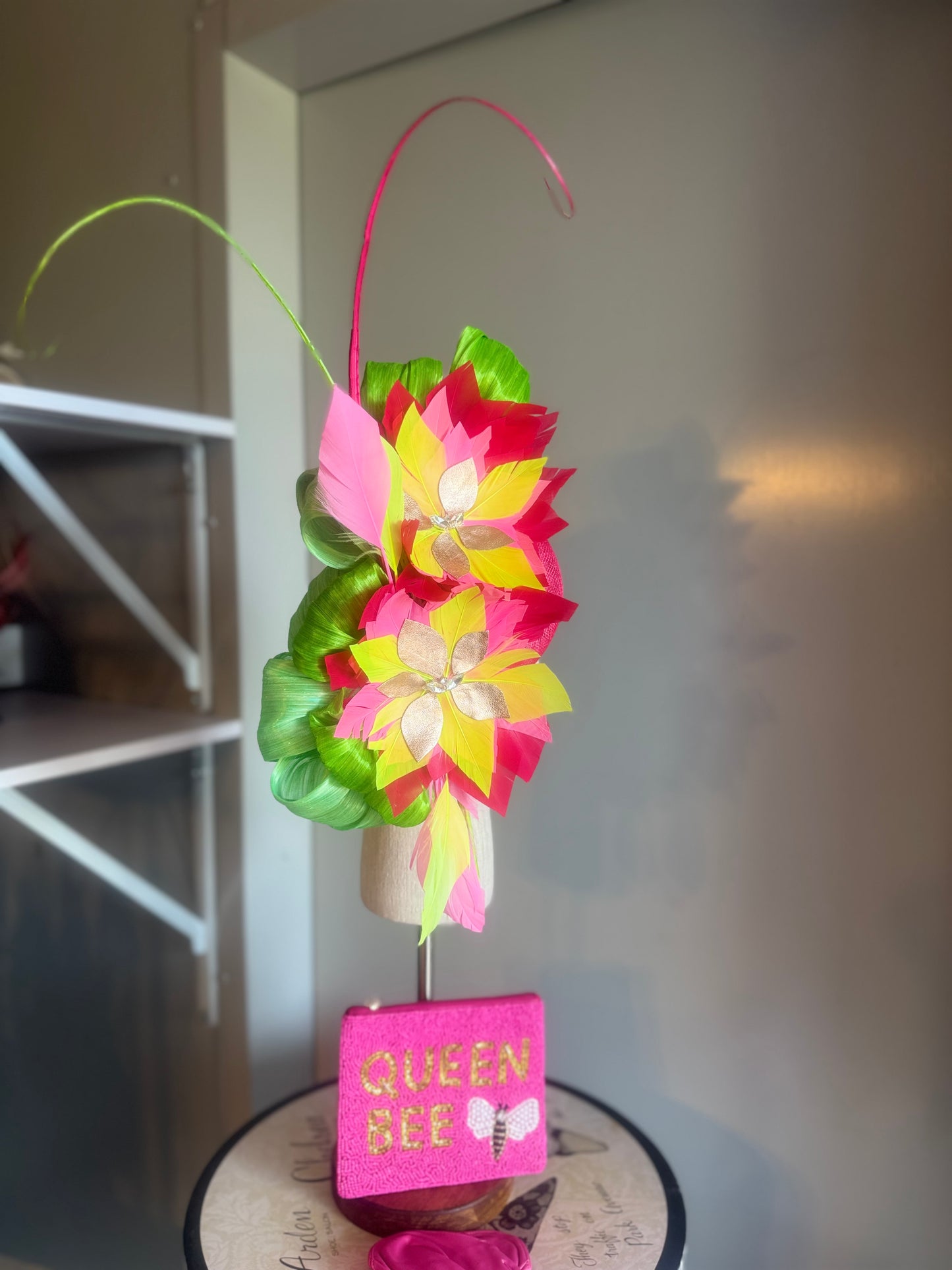 “Morgan” hot pink,neon lime green feather statement
