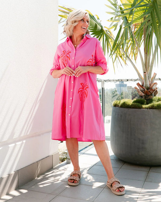 Bridie pink palm cotton shirt dress size Large(14-16) sizing runs large