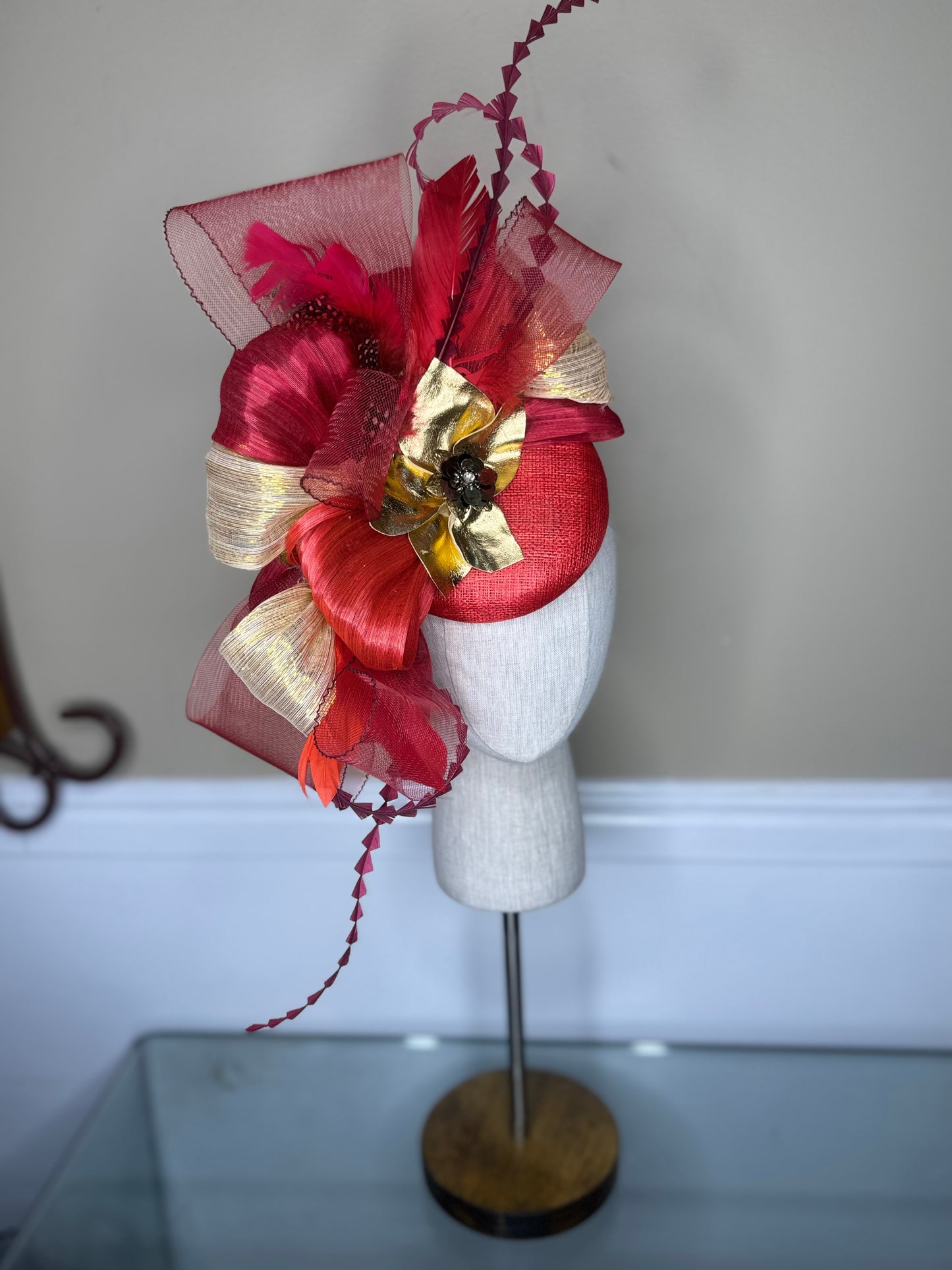 “Lucia” shades of red & gold statement fascinator