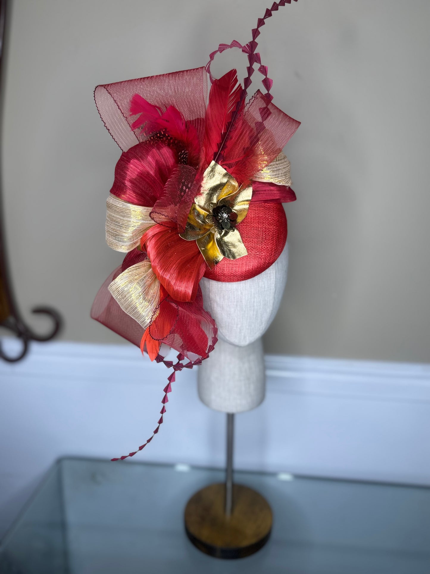 “Lucia” shades of red & gold statement fascinator