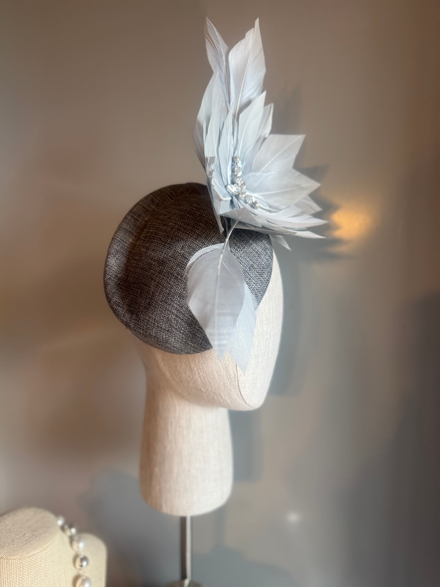 “Sylvie” grey feather linen pillbox