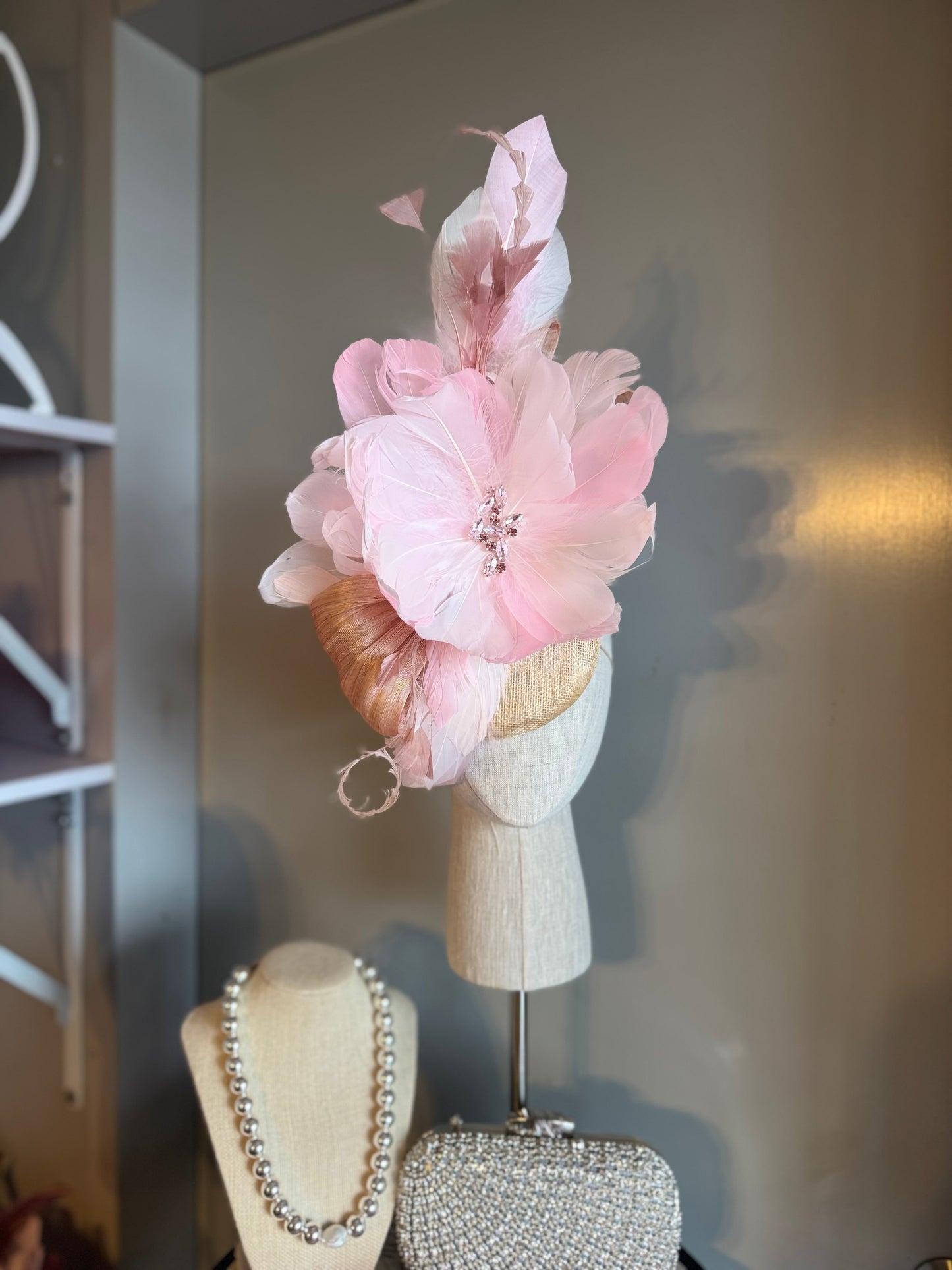 “Aubrey” soft pinks & cream feather floral statement