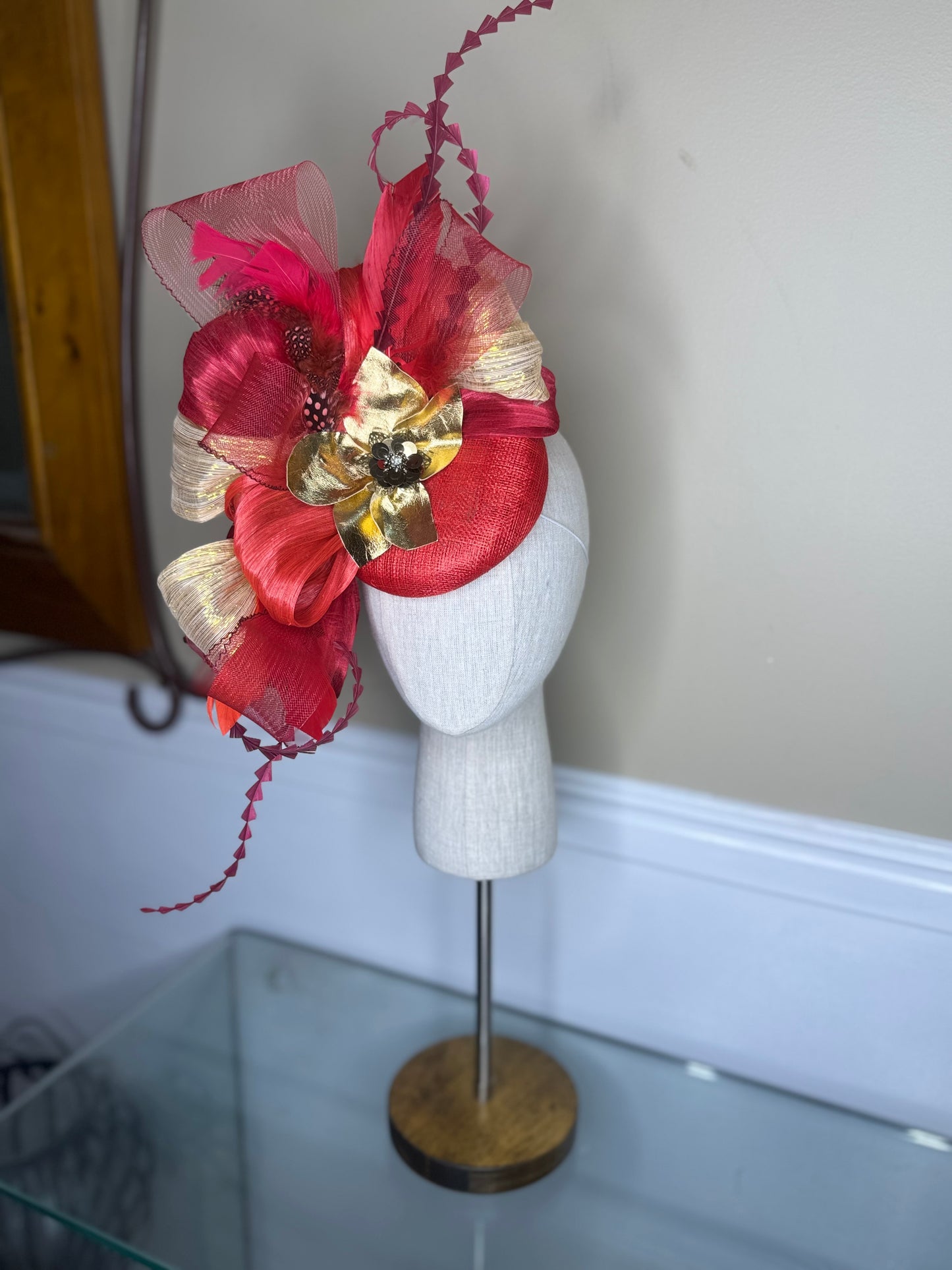 “Lucia” shades of red & gold statement fascinator