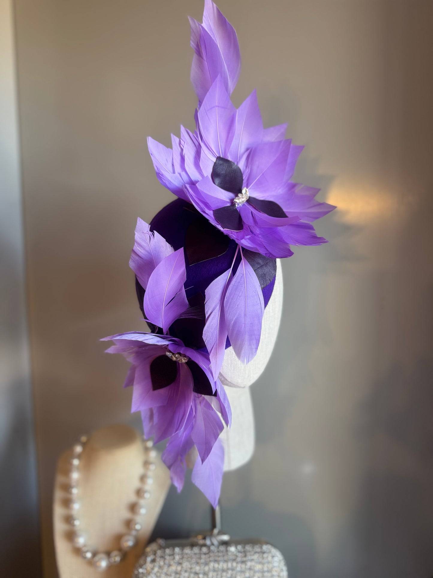 “Eleni” purple feather, leather & felt/wool statement