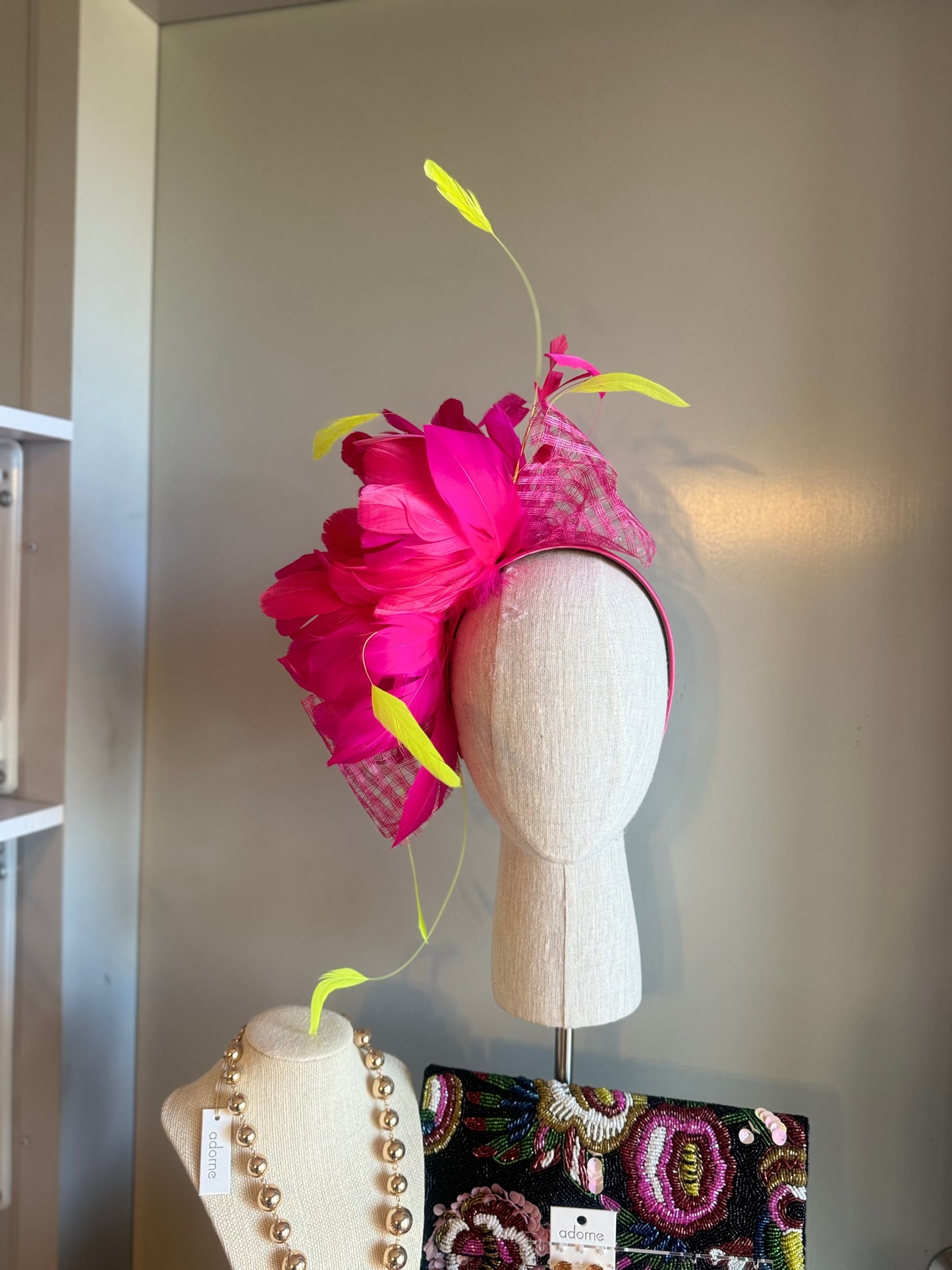 “Montanna” hot pink & neon feather fascinator