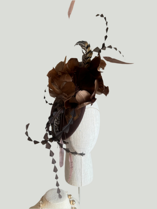 “June” chocolate brown feather pillbox