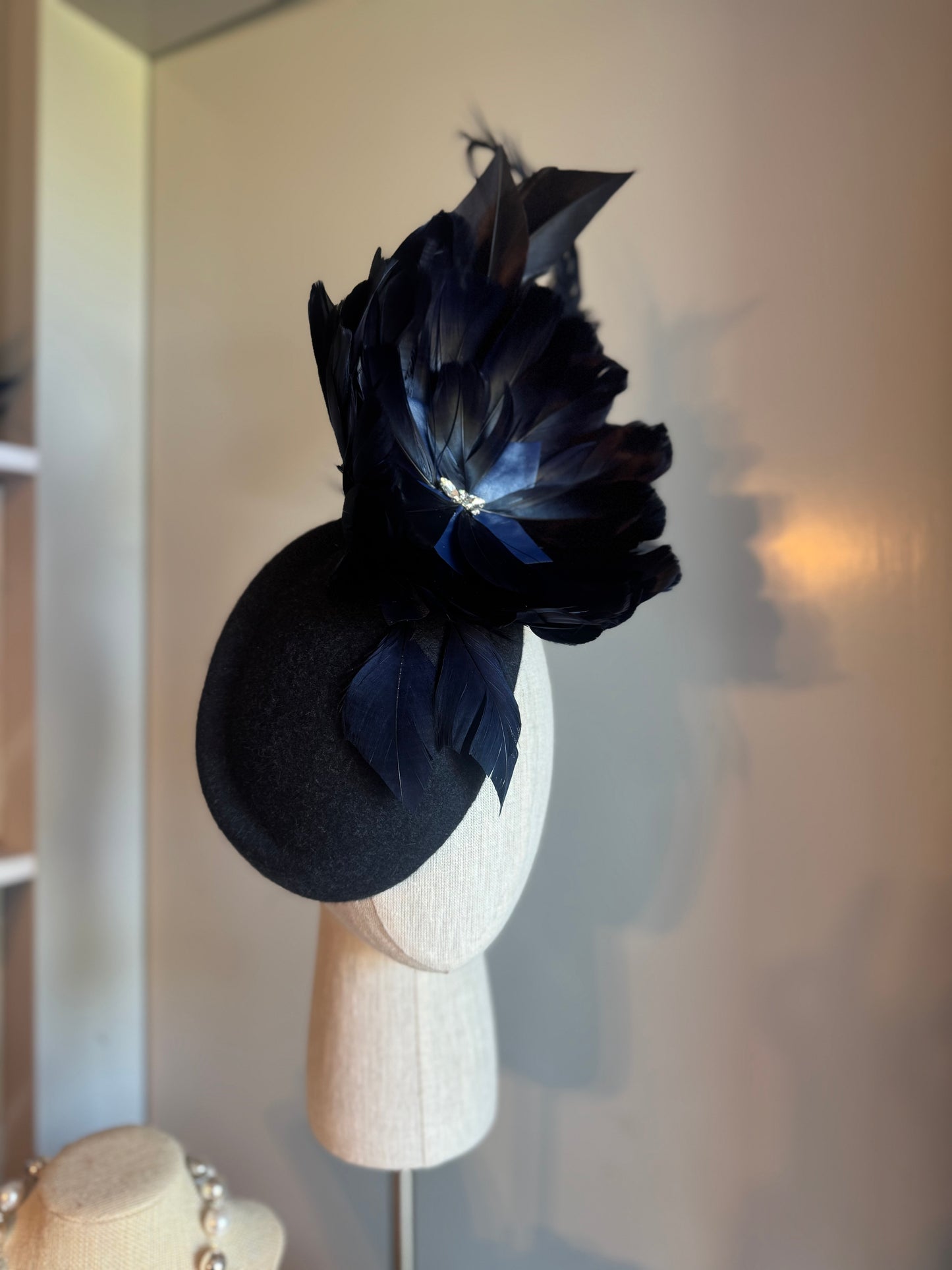 “Laura” Navy feather statement pillbox