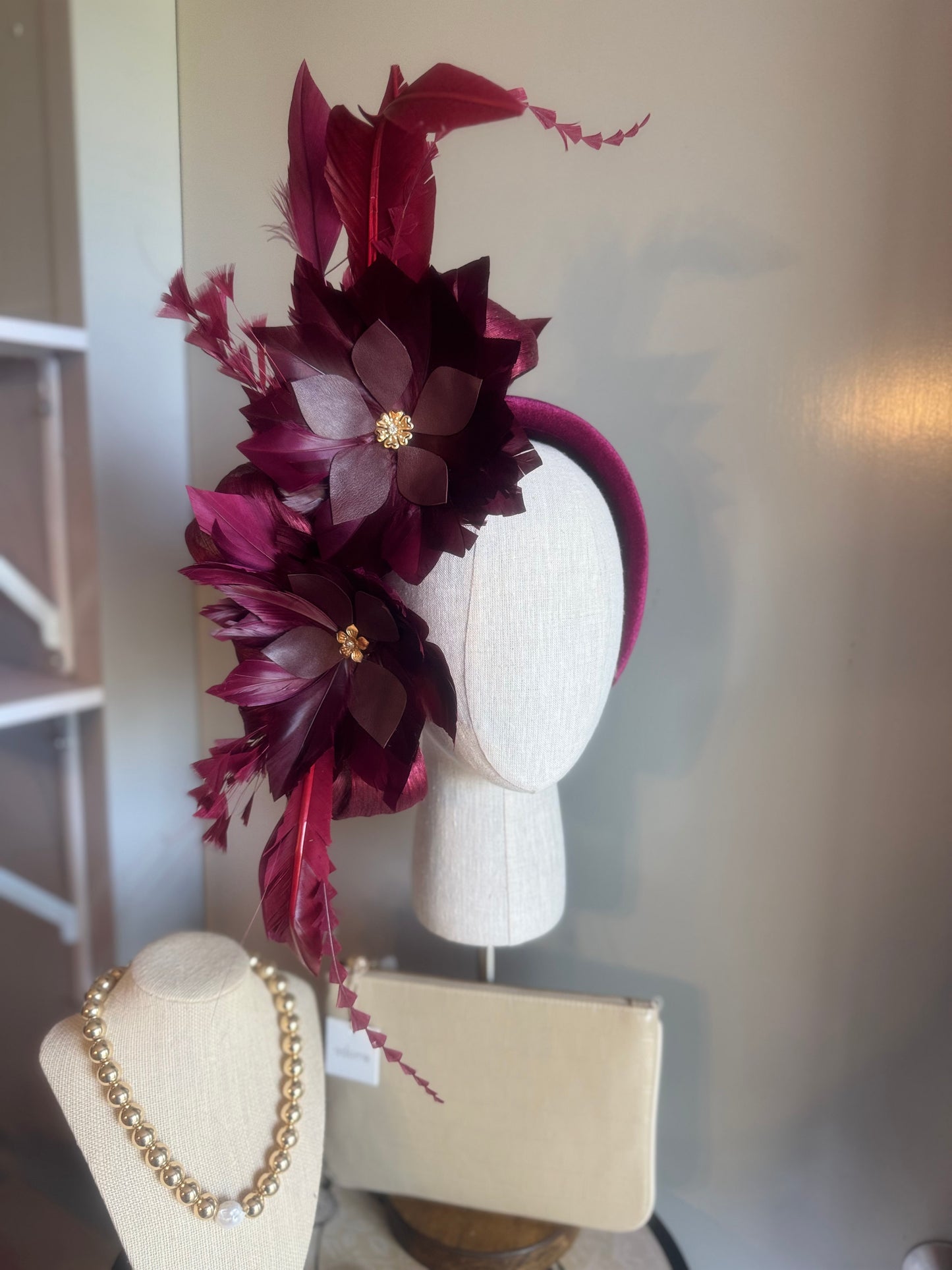 “Jenny” burgundy feather statement