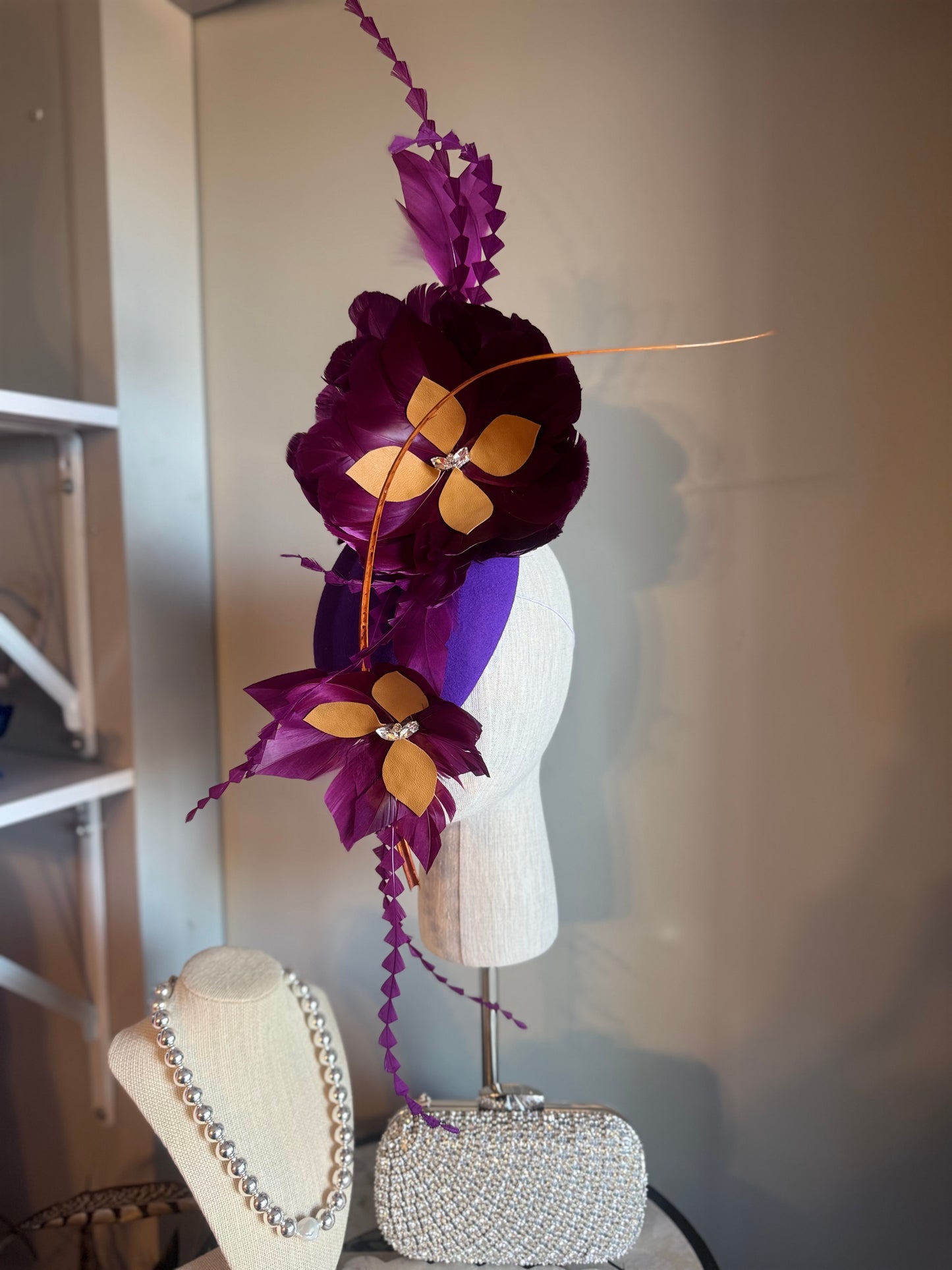 “Mimi” purple and tan feather felt/wool pillbox